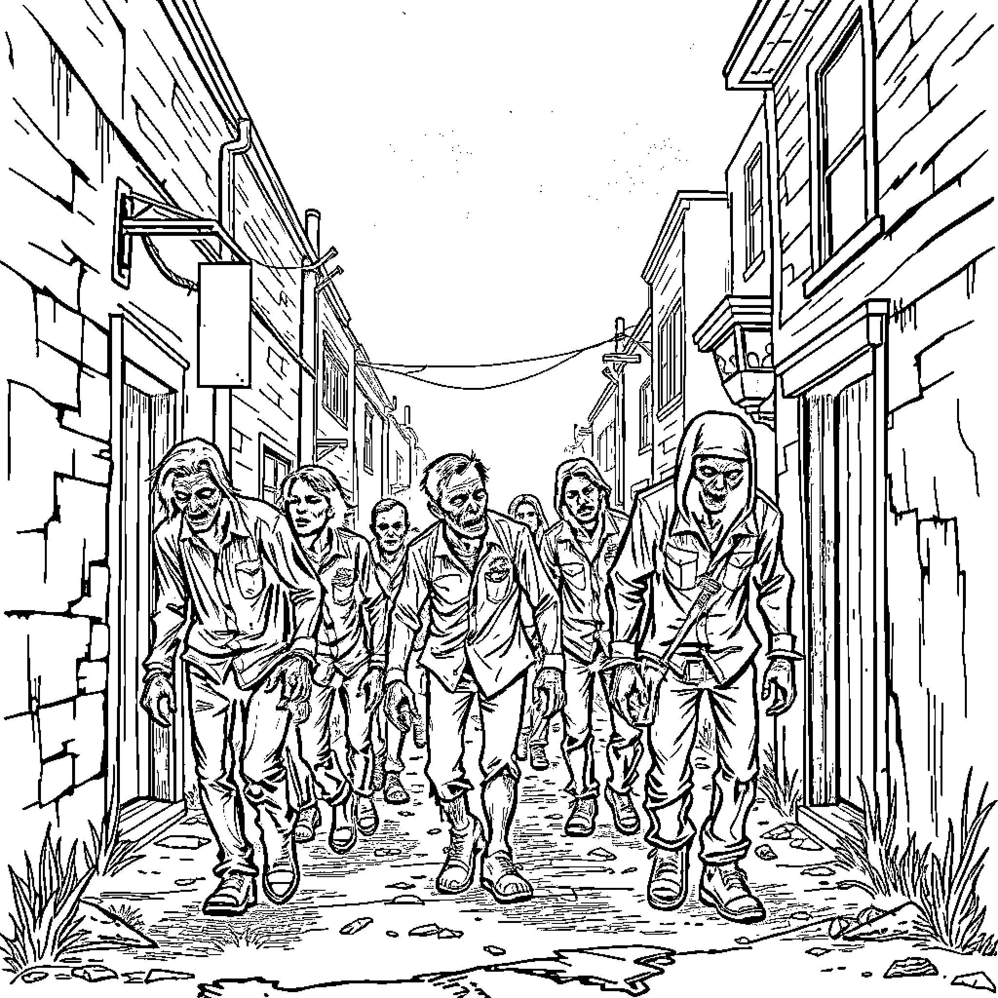 Zombie survivors navigate the city streets Coloring Page (free black-and-white line drawing printable PDF for all, from beginners to advanced learners, including children, teens, adults, and seniors)