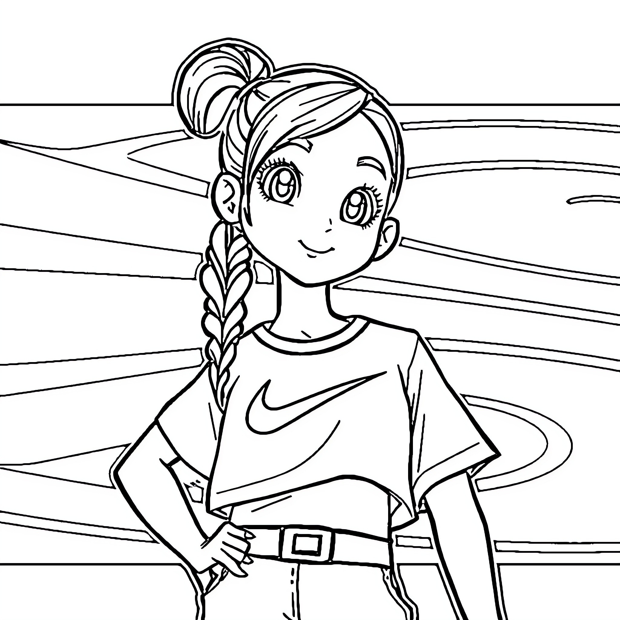 Nike Girl in Sports Outfit Posing Coloring Page (free black-and-white line drawing printable PDF for all, from beginners to advanced learners, including children, teens, adults, and seniors)