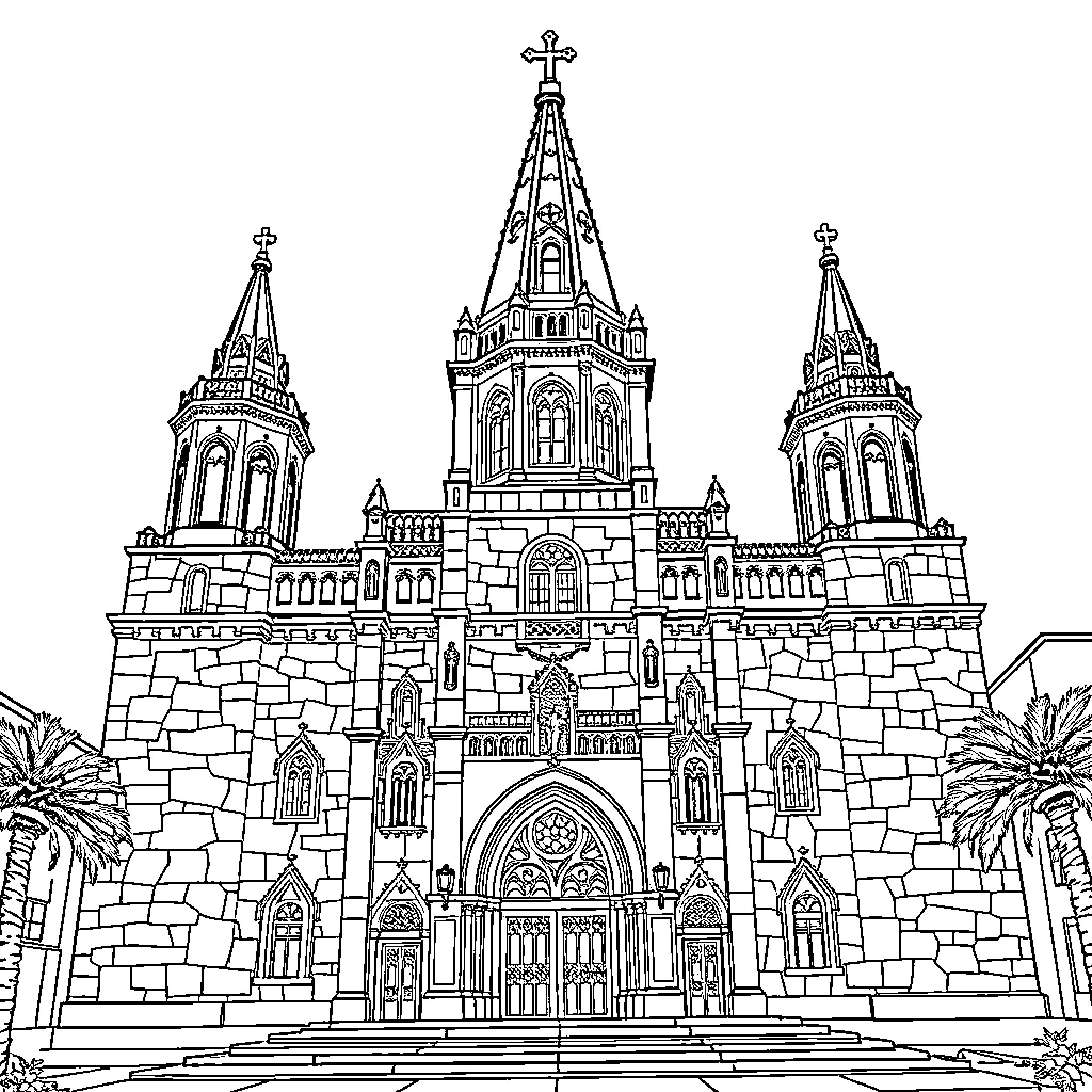 Cathedral with ornate architecture and towers Coloring Page (free black-and-white line drawing printable PDF for all, from beginners to advanced learners, including children, teens, adults, and seniors)