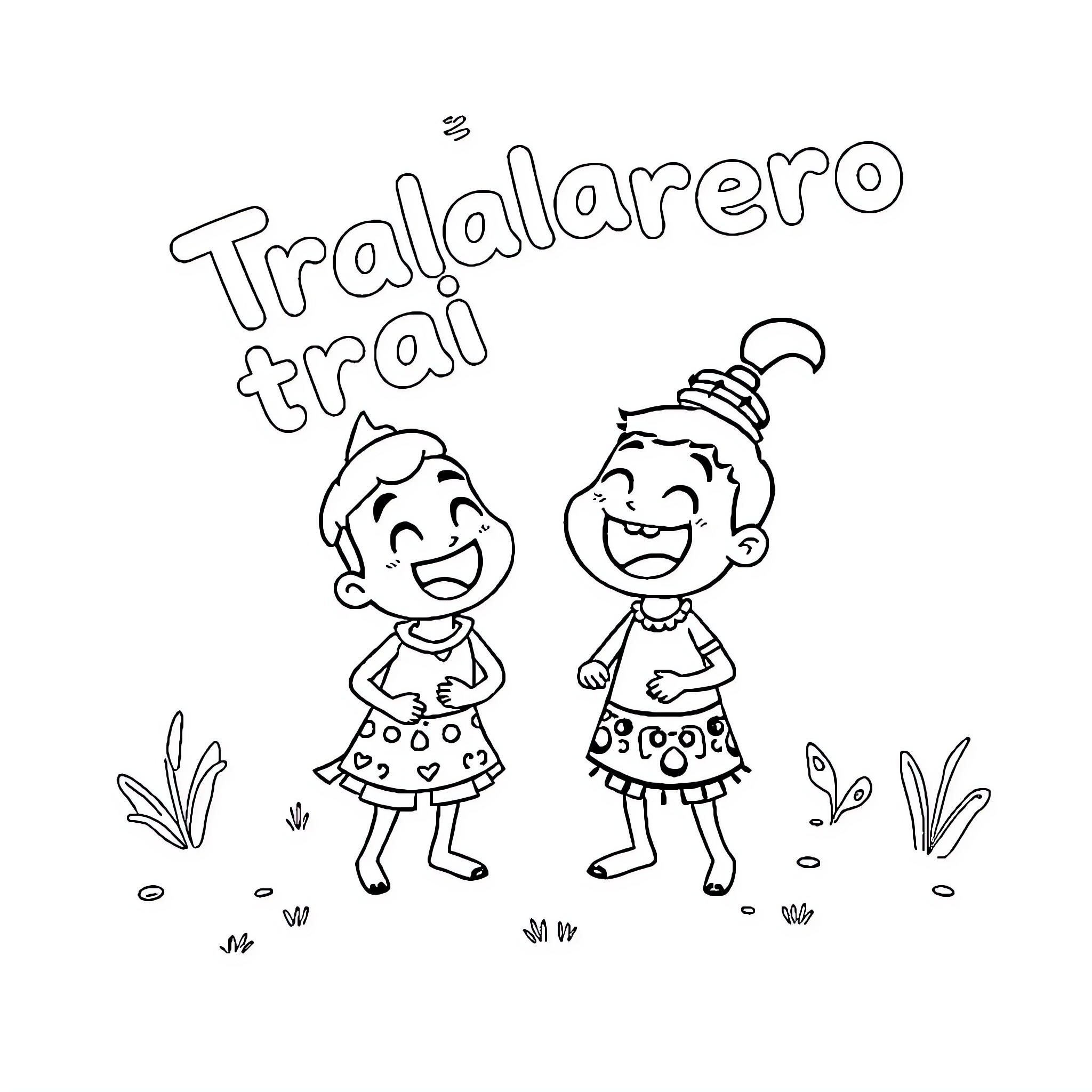 Tralalero trail: Children playing happily outdoors Coloring Page (free black-and-white line drawing printable PDF for all, from beginners to advanced learners, including children, teens, adults, and seniors)