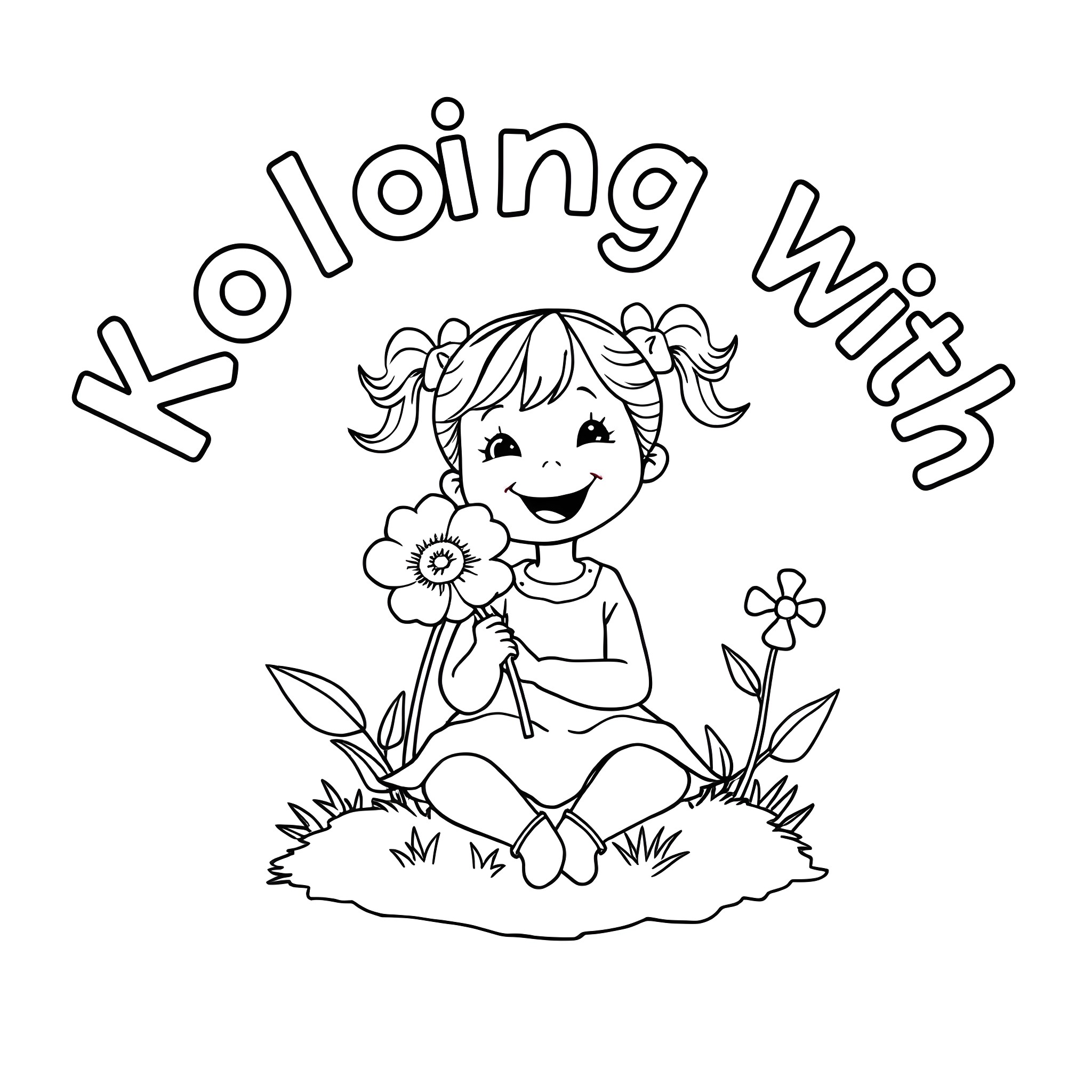 Girl playing with flowers on grass Coloring Page (free black-and-white line drawing printable PDF for all, from beginners to advanced learners, including children, teens, adults, and seniors)