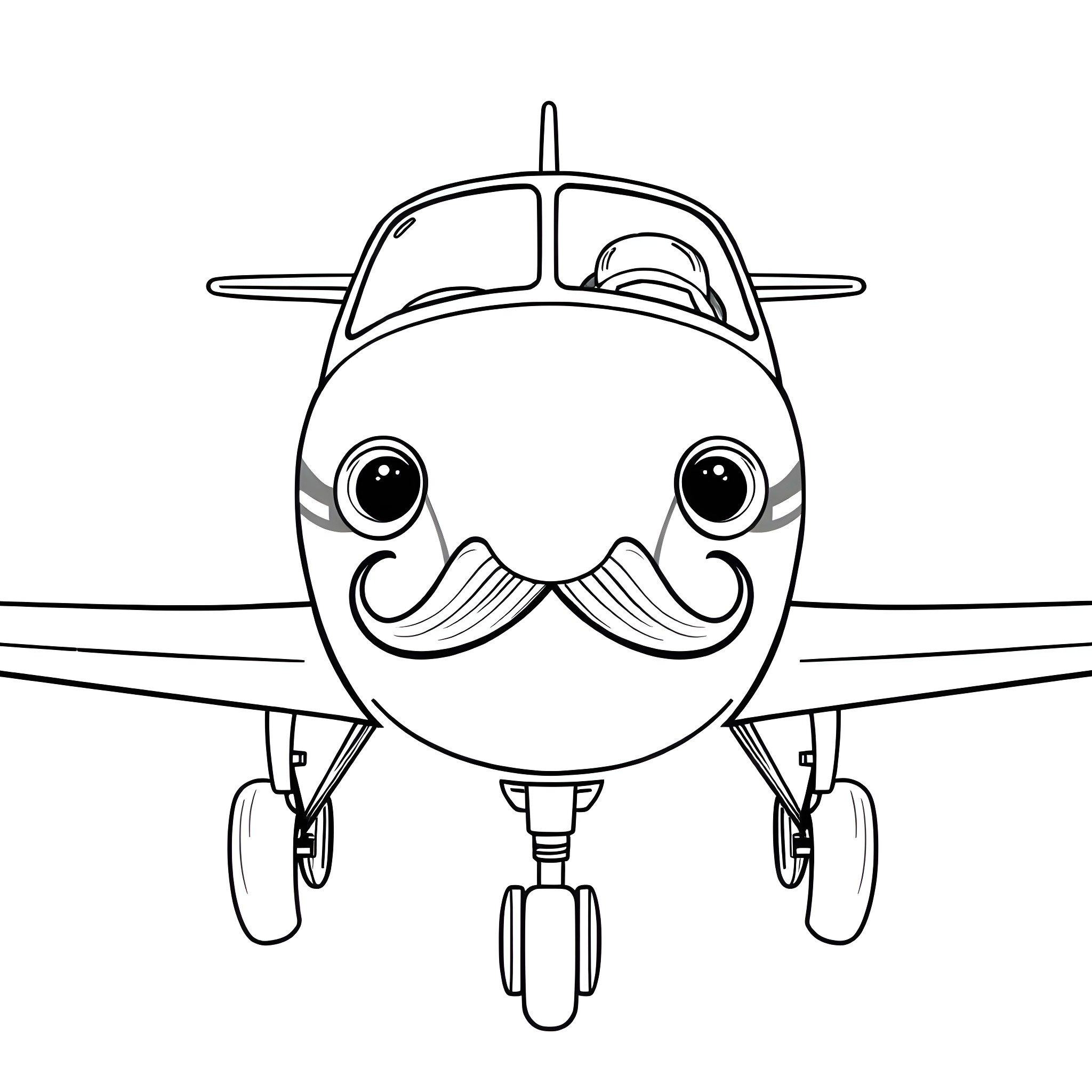 Cessna airplane with a friendly mustached face Coloring Page (free black-and-white line drawing printable PDF for all, from beginners to advanced learners, including children, teens, adults, and seniors)