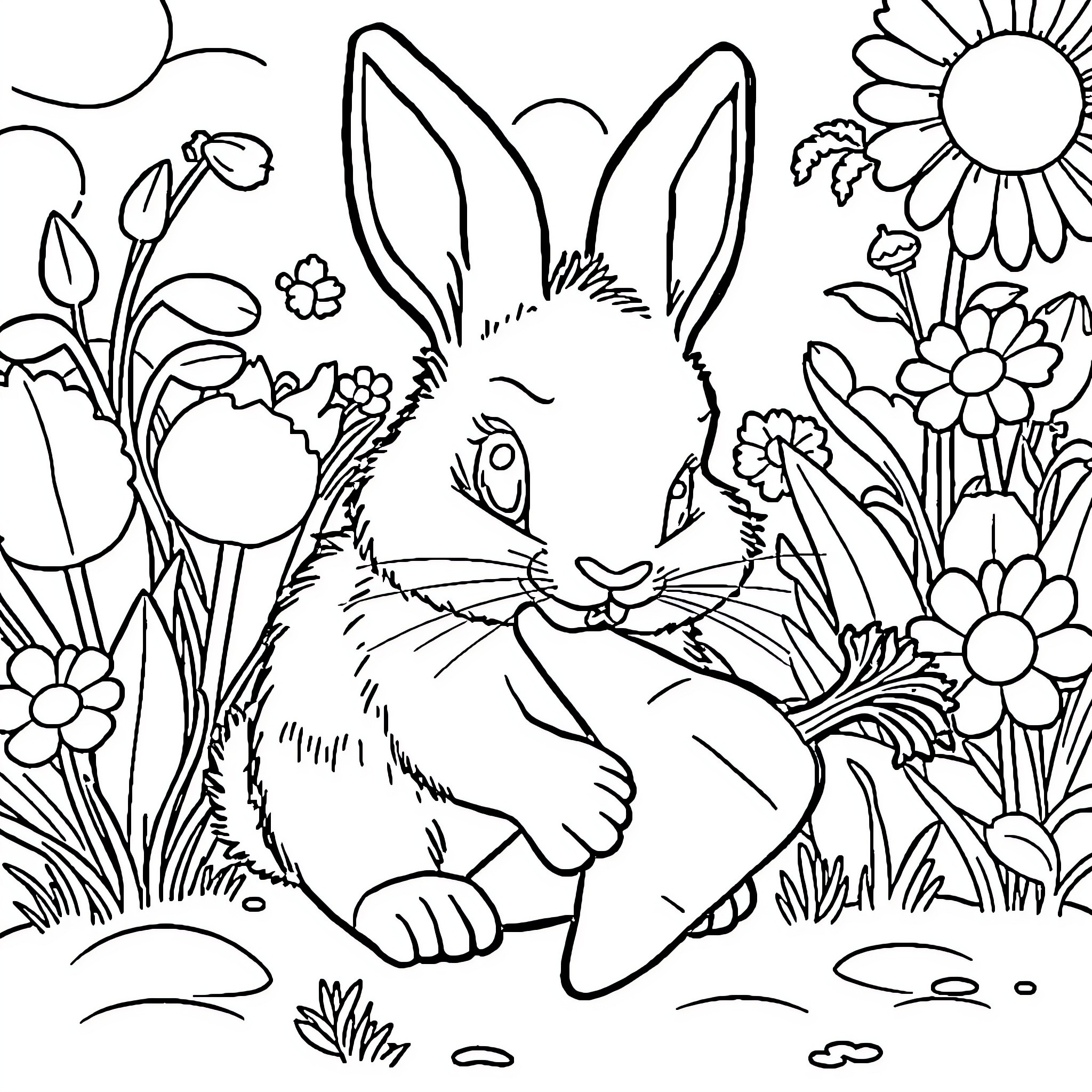 Fezzy the Bunny in a Floral Wonderland Coloring Page (free black-and-white line drawing printable PDF for all, from beginners to advanced learners, including children, teens, adults, and seniors)