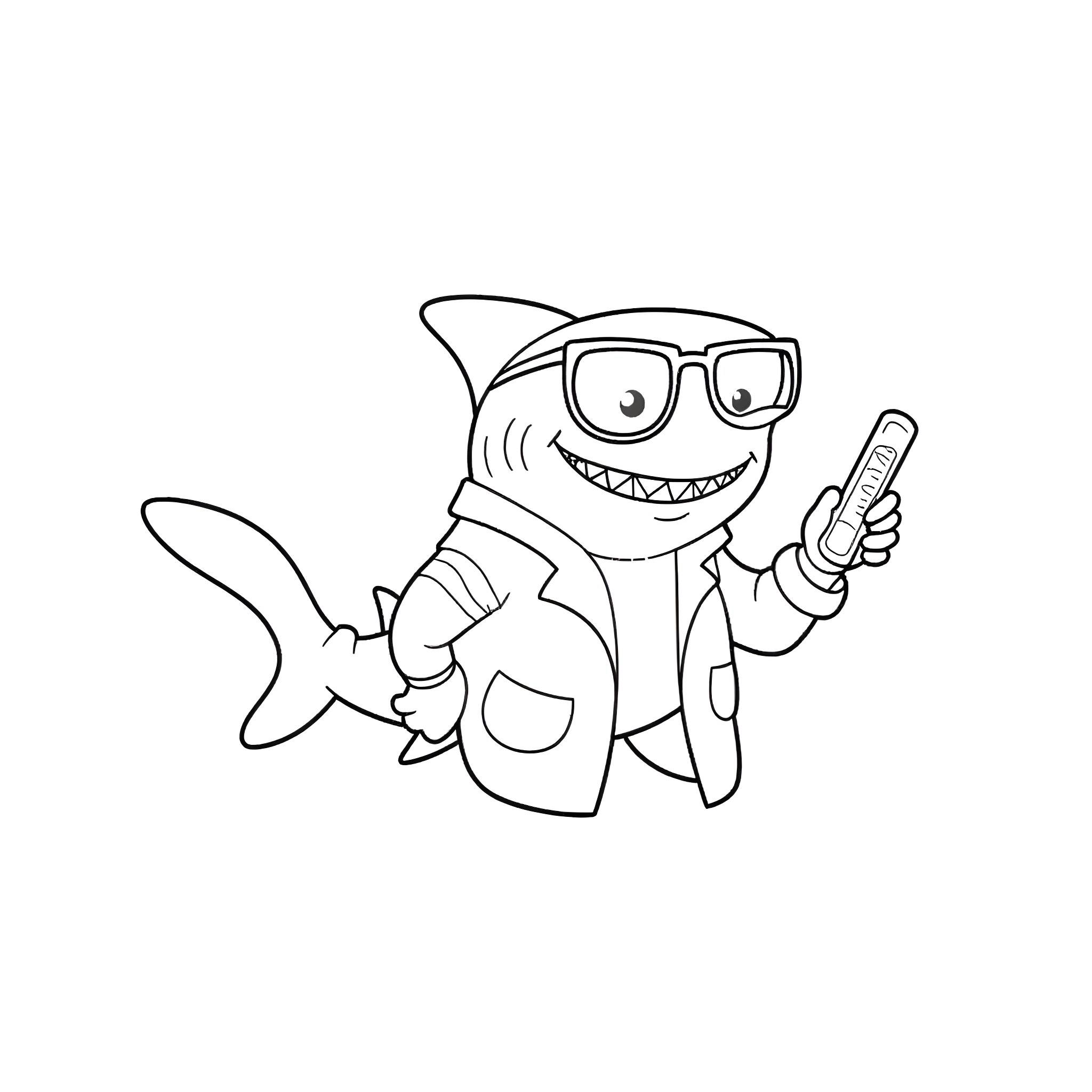 Shark with glasses using mobile phone Coloring Page (free black-and-white line drawing printable PDF for all, from beginners to advanced learners, including children, teens, adults, and seniors)
