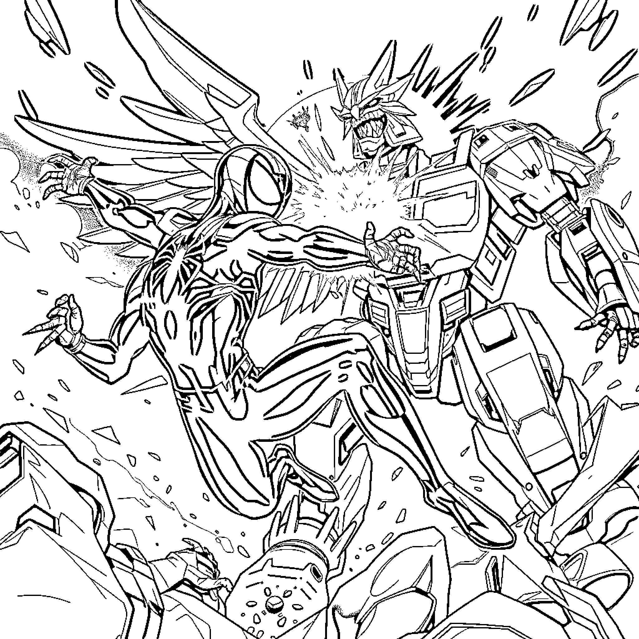 Spiderman in epic battle with futuristic robot Coloring Page (free black-and-white line drawing printable PDF for all, from beginners to advanced learners, including children, teens, adults, and seniors)