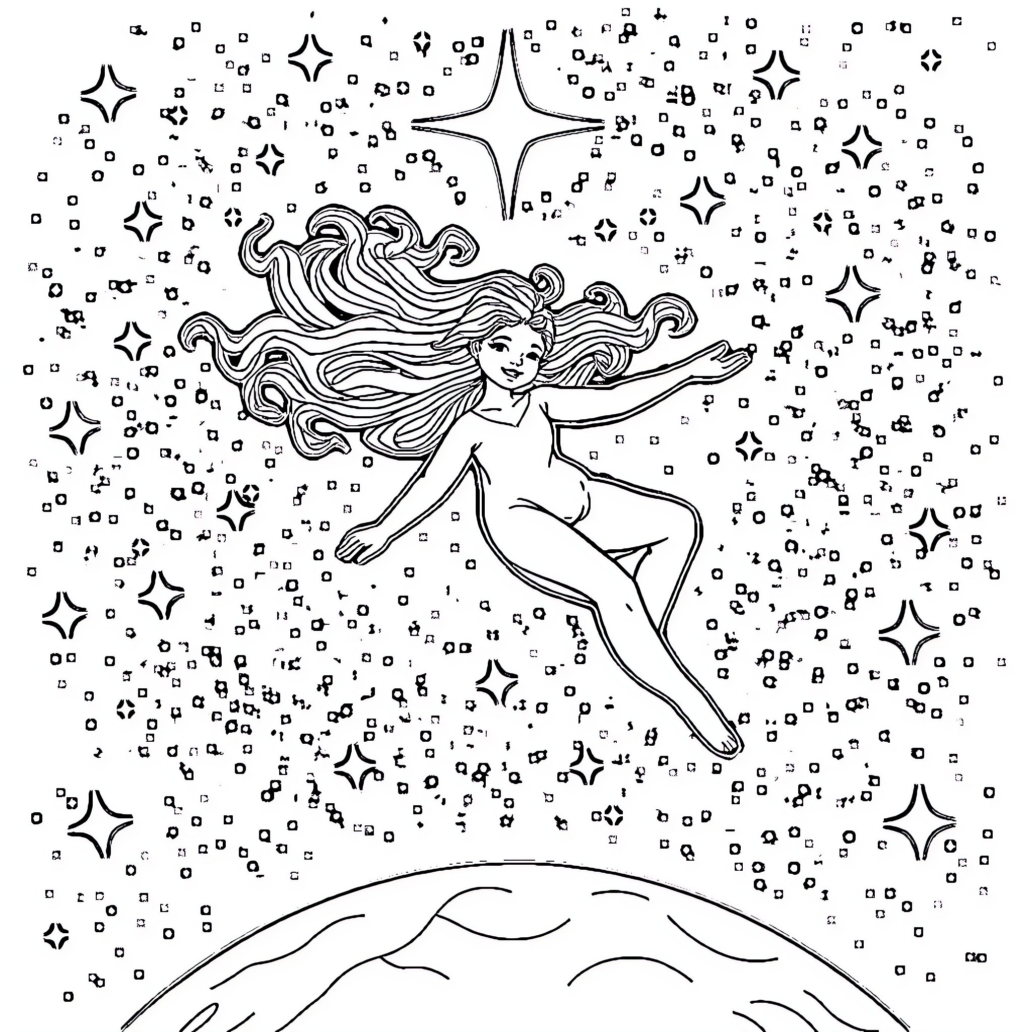 Sylus dancing among the stars Coloring Page (free black-and-white line drawing printable PDF for all, from beginners to advanced learners, including children, teens, adults, and seniors)