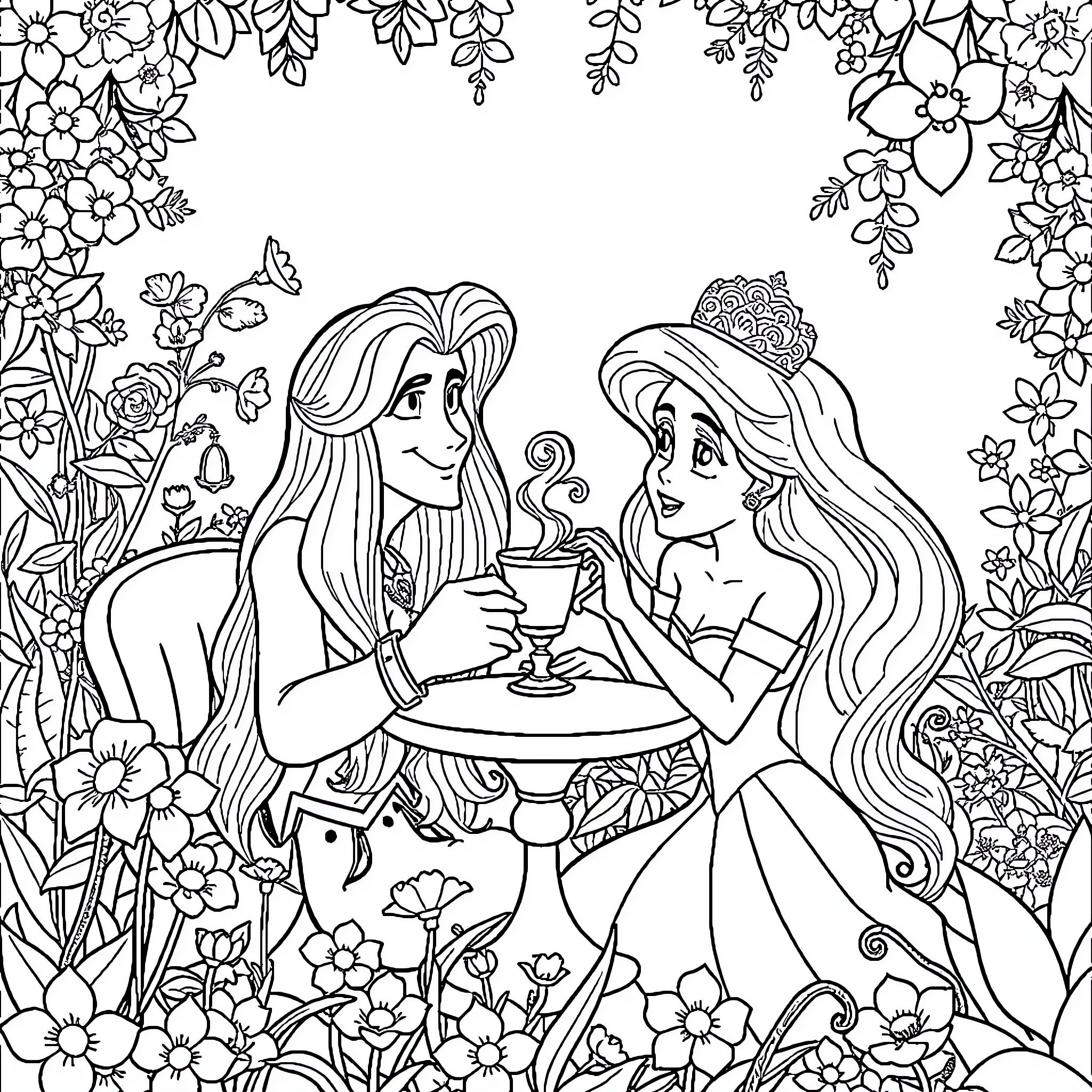 Rapunzel enjoying tea with her friend in a floral wonderland Coloring Page (free black-and-white line drawing printable PDF for all, from beginners to advanced learners, including children, teens, adults, and seniors)