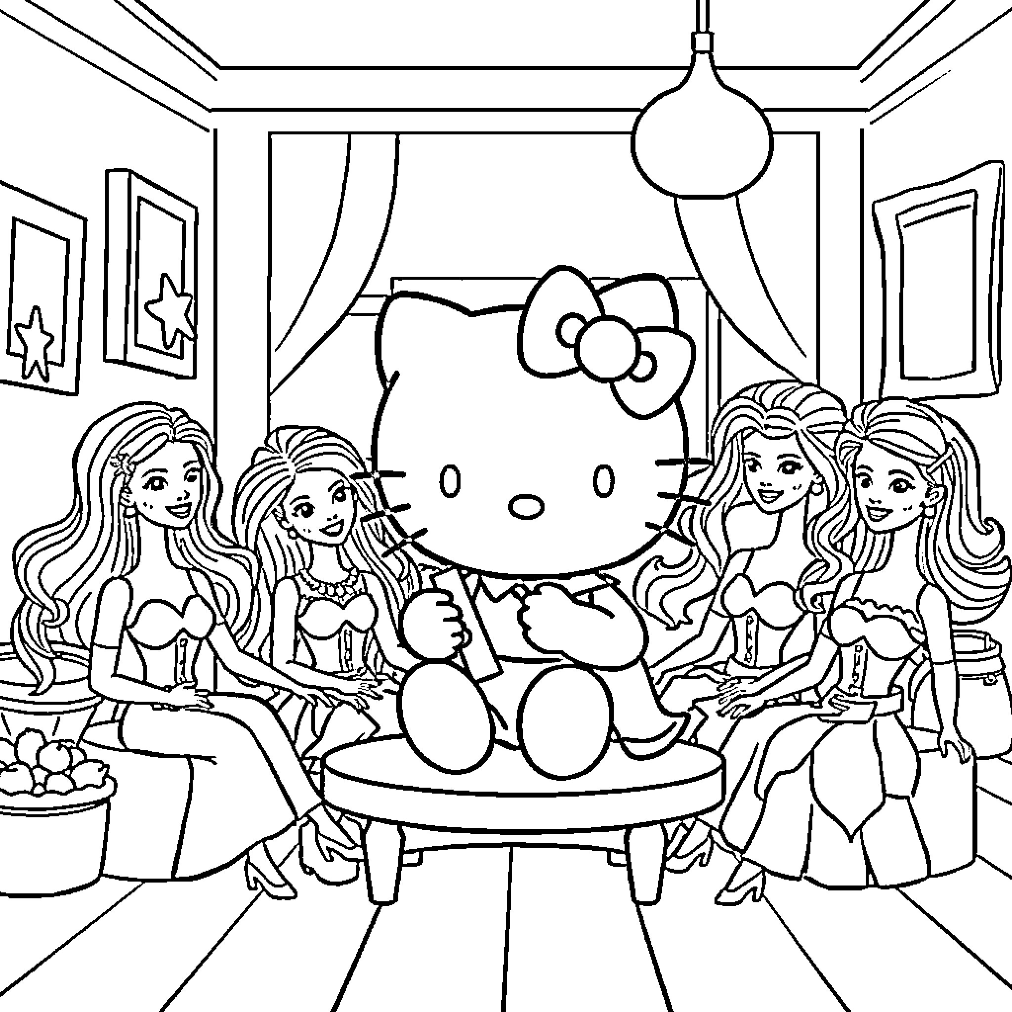 Hello Kitty enjoys a tea party with friends Coloring Page (free black-and-white line drawing printable PDF for all, from beginners to advanced learners, including children, teens, adults, and seniors)