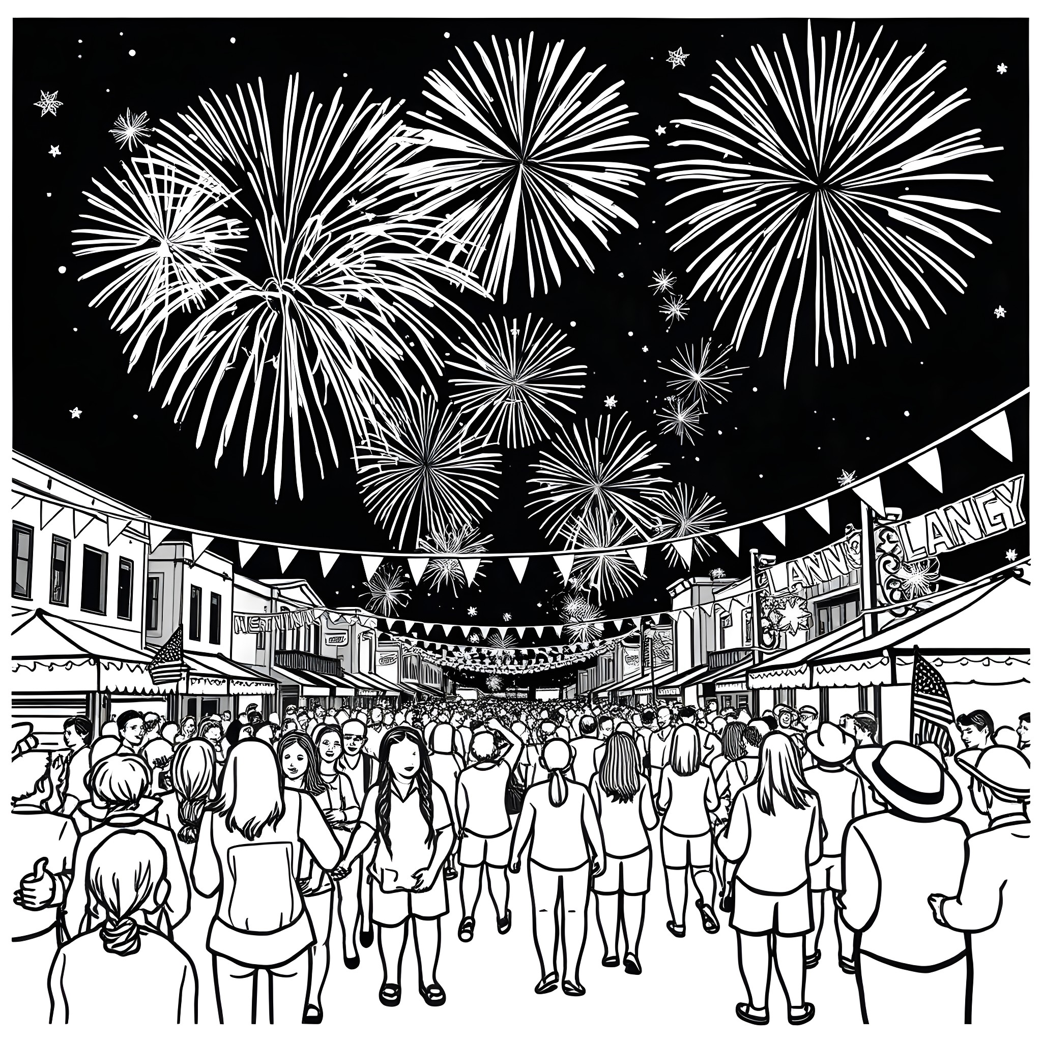 Julie Vandenboom enjoying fireworks celebration with a crowd Coloring Page (free black-and-white line drawing printable PDF for all, from beginners to advanced learners, including children, teens, adults, and seniors)