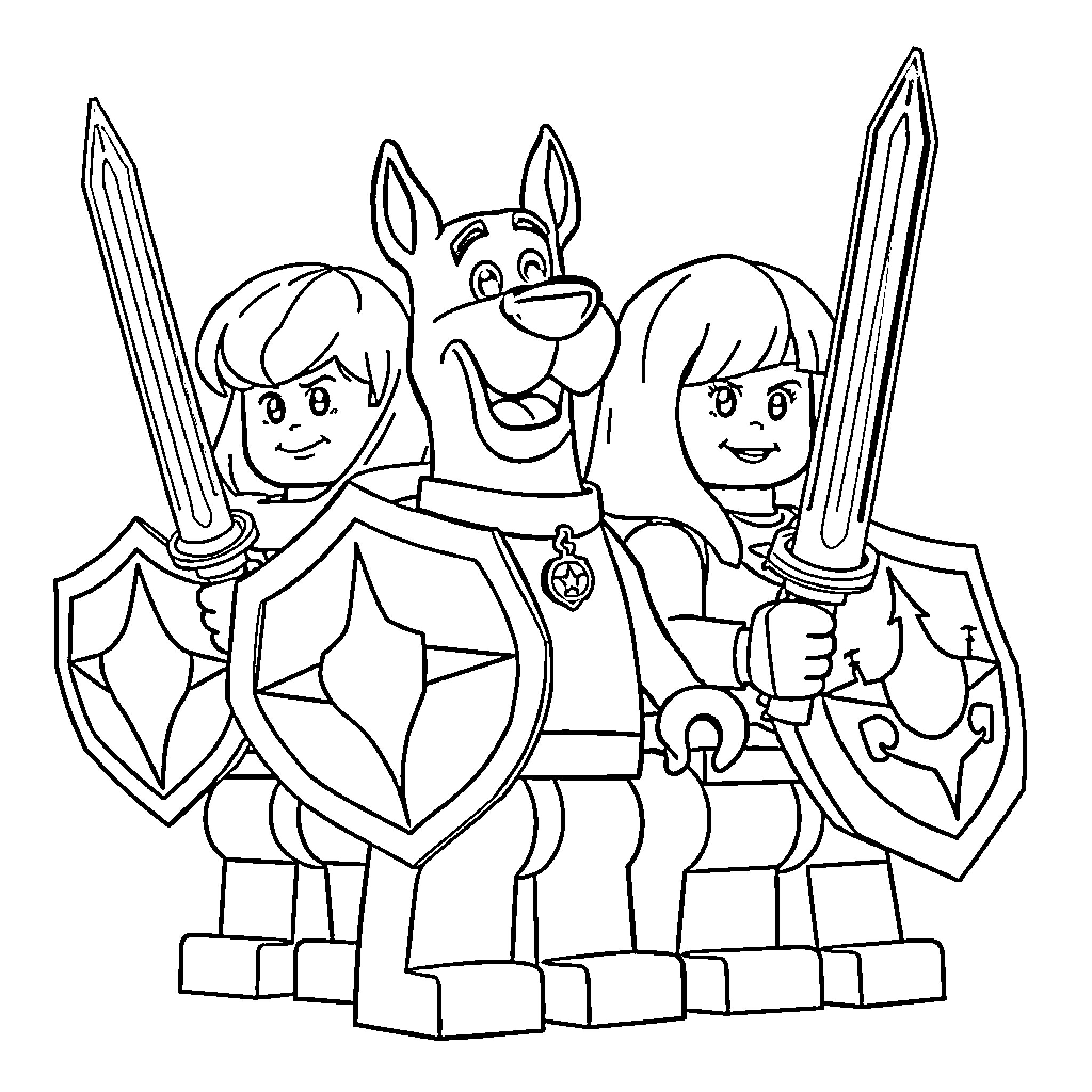 Scooby Doo and Friends as Brave Knights with Swords and Shields Coloring Page (free black-and-white line drawing printable PDF for all, from beginners to advanced learners, including children, teens, adults, and seniors)