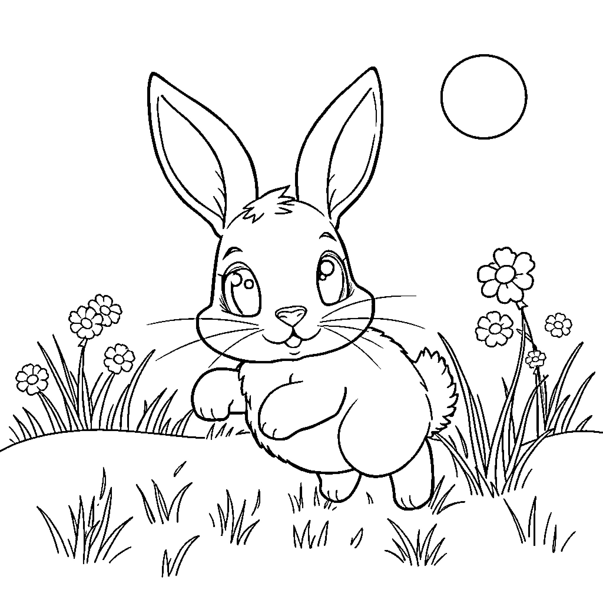 Bunny enjoying the outdoors in nature Coloring Page (free black-and-white line drawing printable PDF for all, from beginners to advanced learners, including children, teens, adults, and seniors)