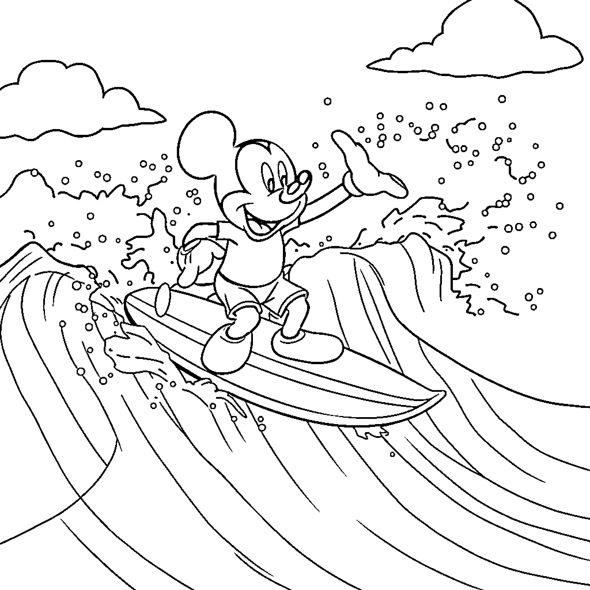 Mickey surfing through the waves Coloring Page (free black-and-white line drawing printable PDF for all, from beginners to advanced learners, including children, teens, adults, and seniors)