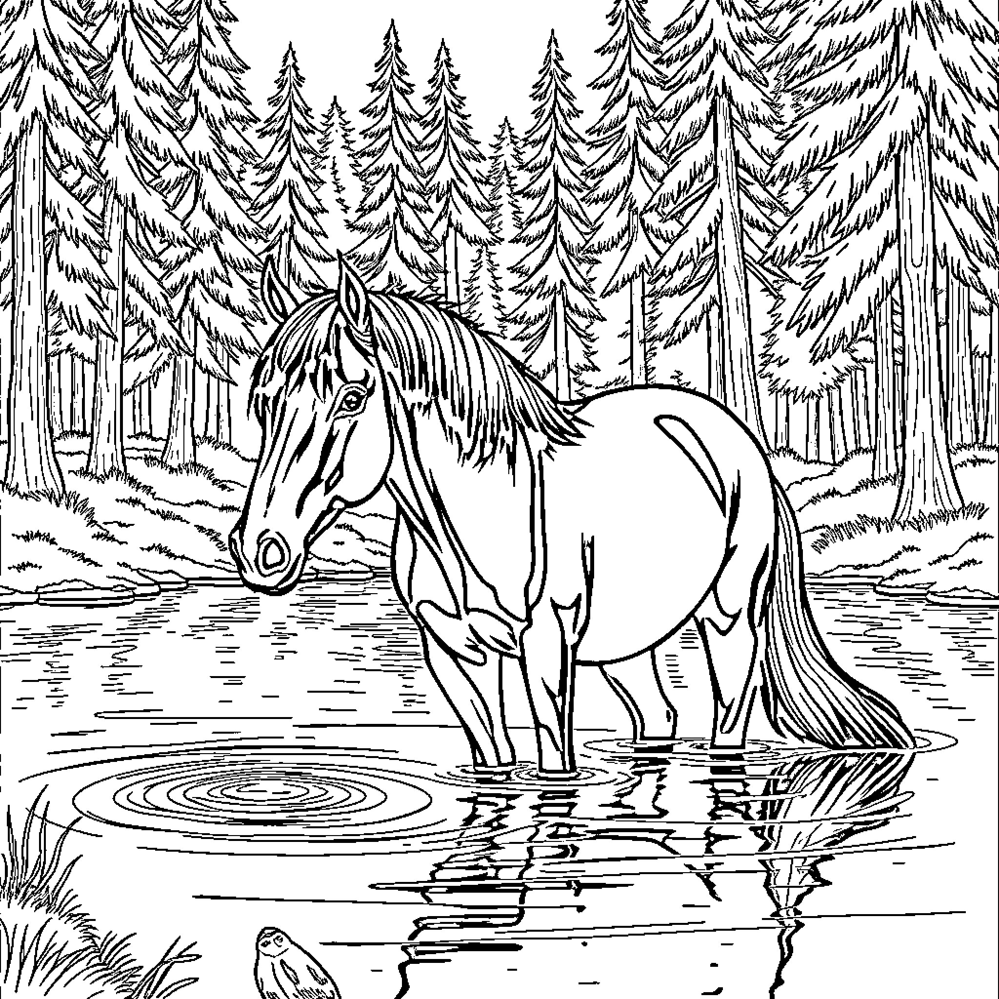 Horse drinking from forest pool Coloring Page (free black-and-white line drawing printable PDF for all, from beginners to advanced learners, including children, teens, adults, and seniors)