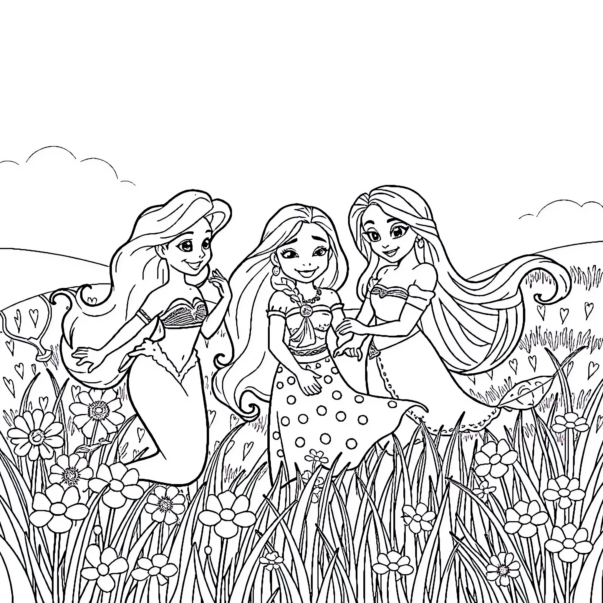 Princess Trio Enjoying a Floral Garden Coloring Page (free black-and-white line drawing printable PDF for all, from beginners to advanced learners, including children, teens, adults, and seniors)