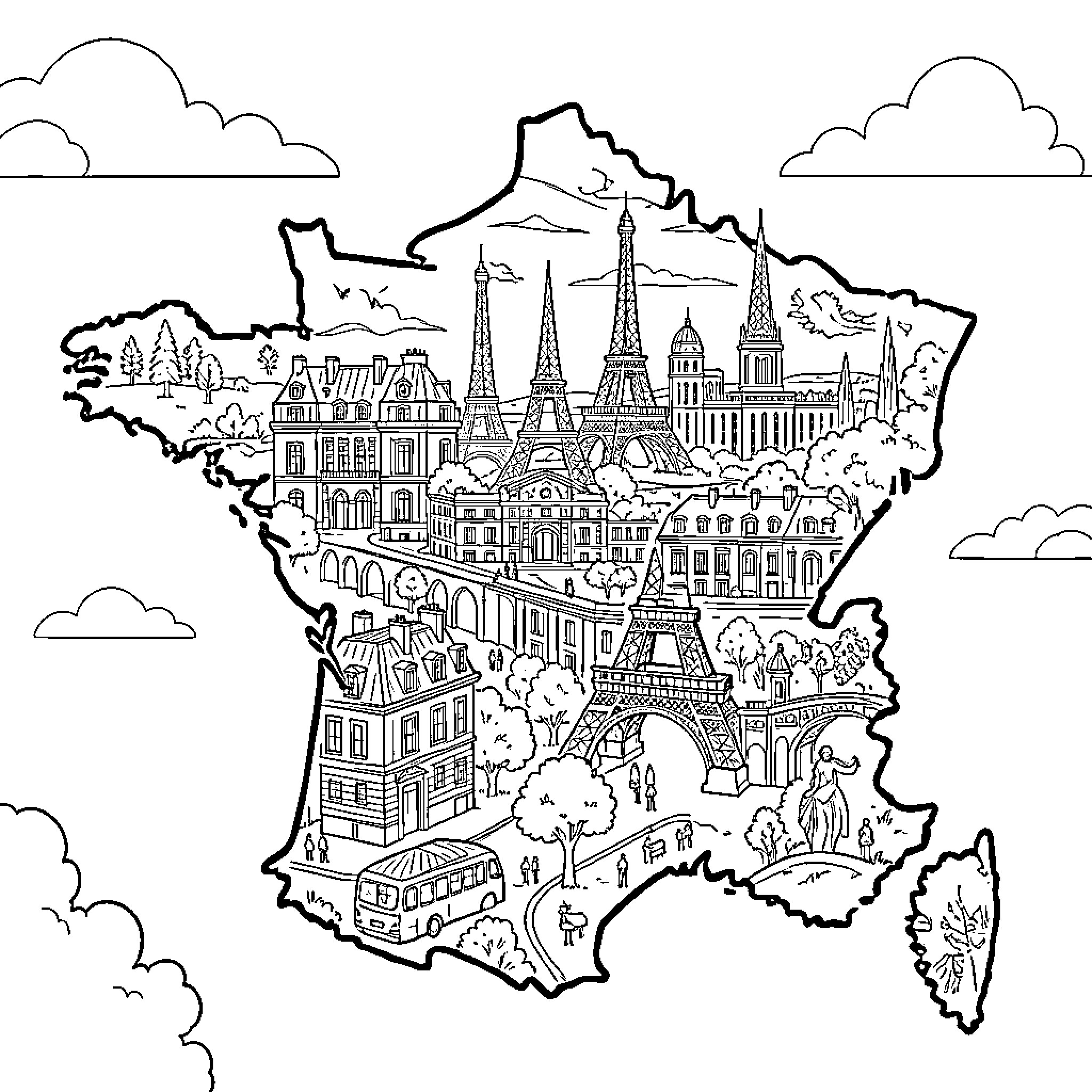 France landmarks and cityscapes inside a map outline Coloring Page (free black-and-white line drawing printable PDF for all, from beginners to advanced learners, including children, teens, adults, and seniors)