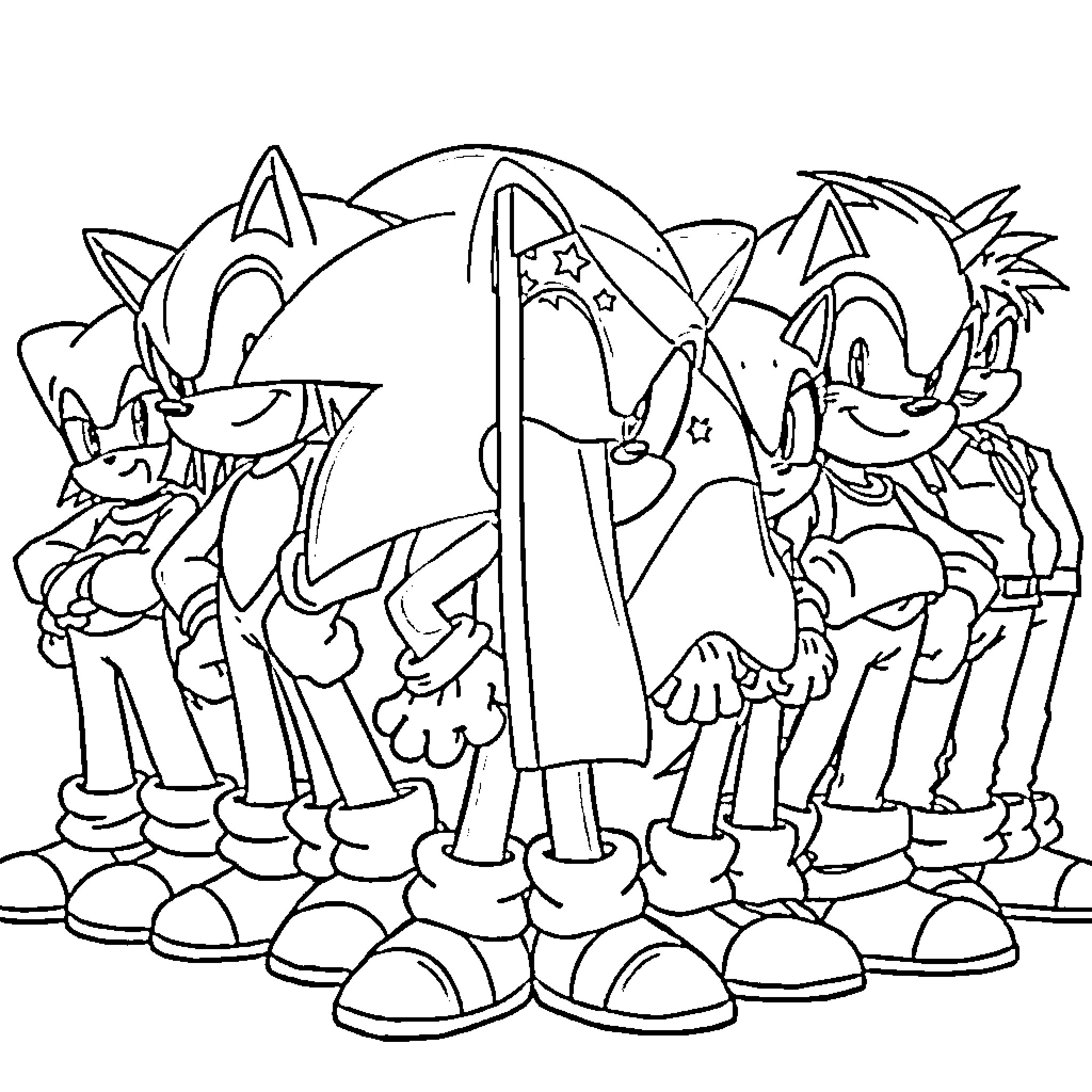 Sonic and Friends in Lively Poses Coloring Page (free black-and-white line drawing printable PDF for all, from beginners to advanced learners, including children, teens, adults, and seniors)