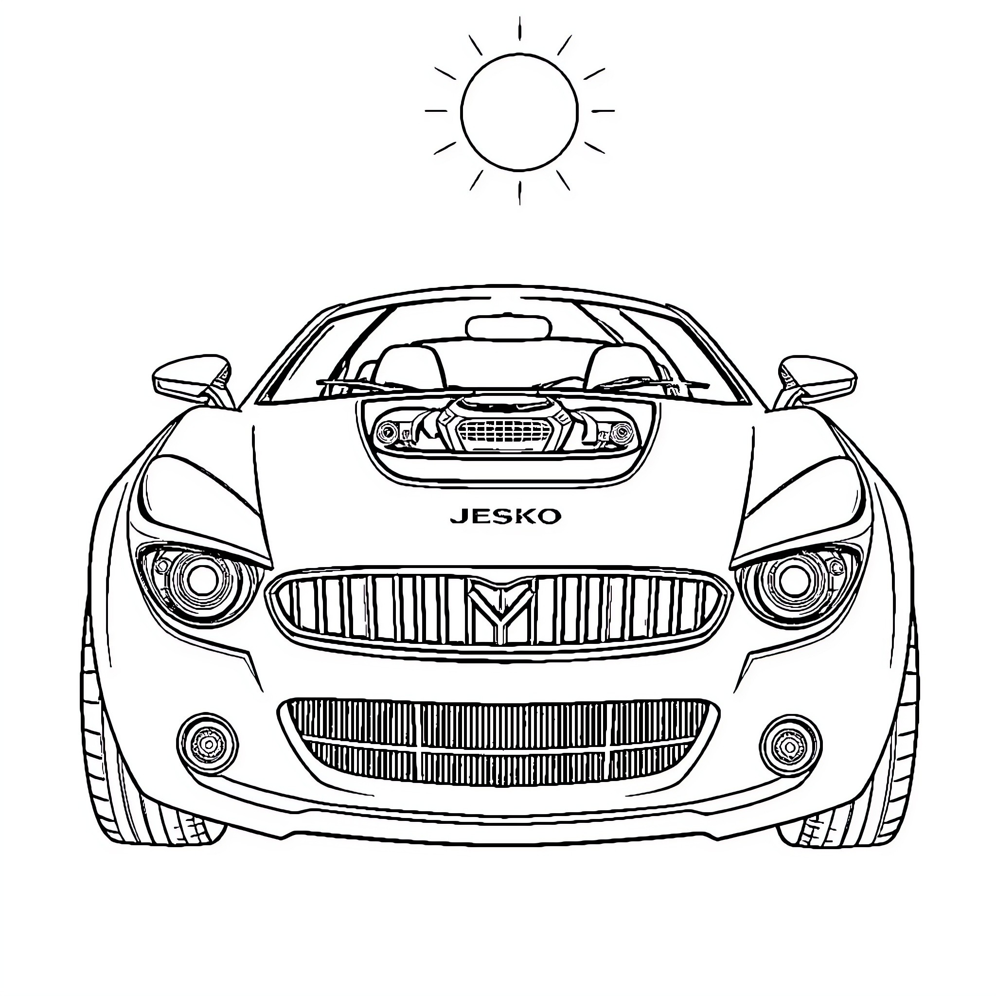 Jesko sports car under the sun Coloring Page (free black-and-white line drawing printable PDF for all, from beginners to advanced learners, including children, teens, adults, and seniors)