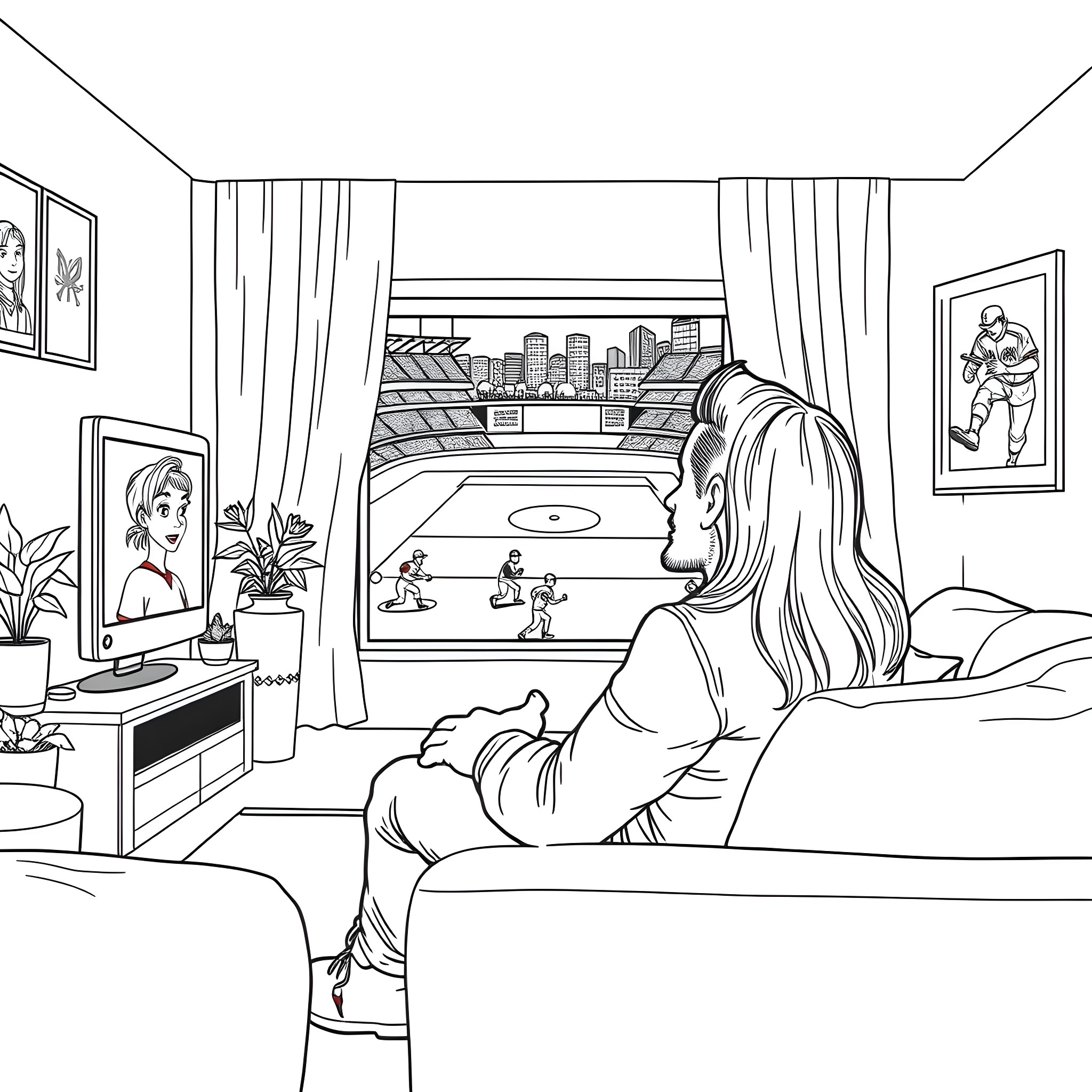 Couple watching baseball game from home Coloring Page (free black-and-white line drawing printable PDF for all, from beginners to advanced learners, including children, teens, adults, and seniors)