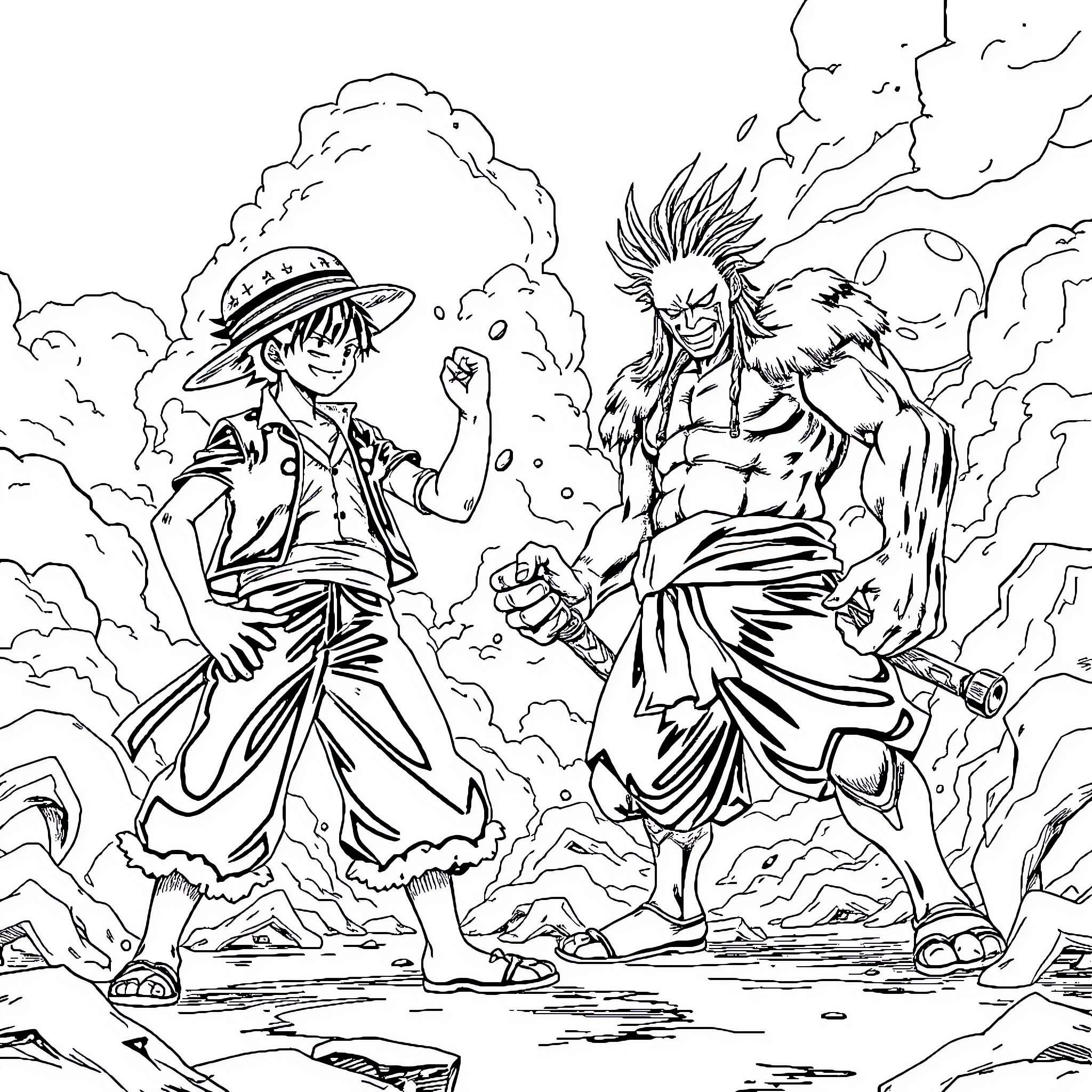 Luffy and Crocodile Battle in Dramatic Clash Coloring Page (free black-and-white line drawing printable PDF for all, from beginners to advanced learners, including children, teens, adults, and seniors)