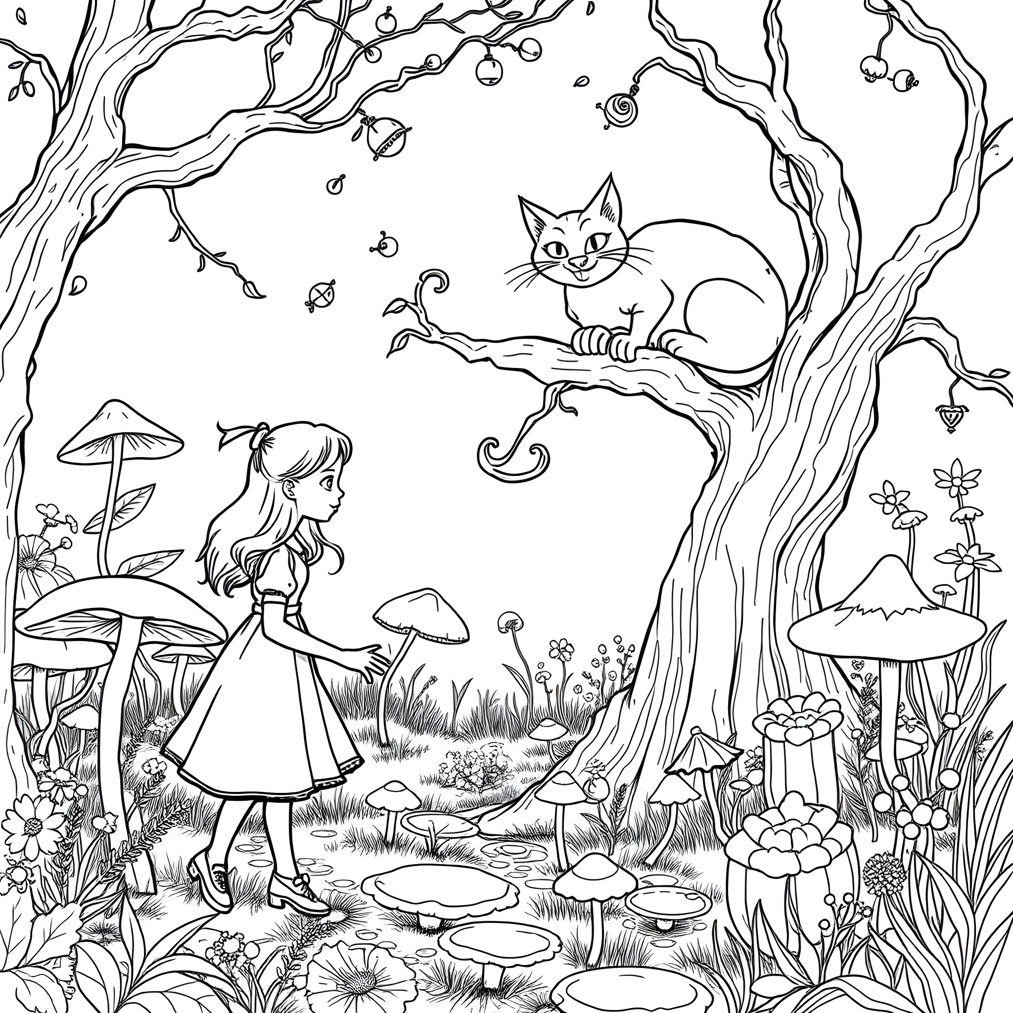 Alice's Whimsical Adventure in the Enchanted Forest Coloring Page (free black-and-white line drawing printable PDF for all, from beginners to advanced learners, including children, teens, adults, and seniors)