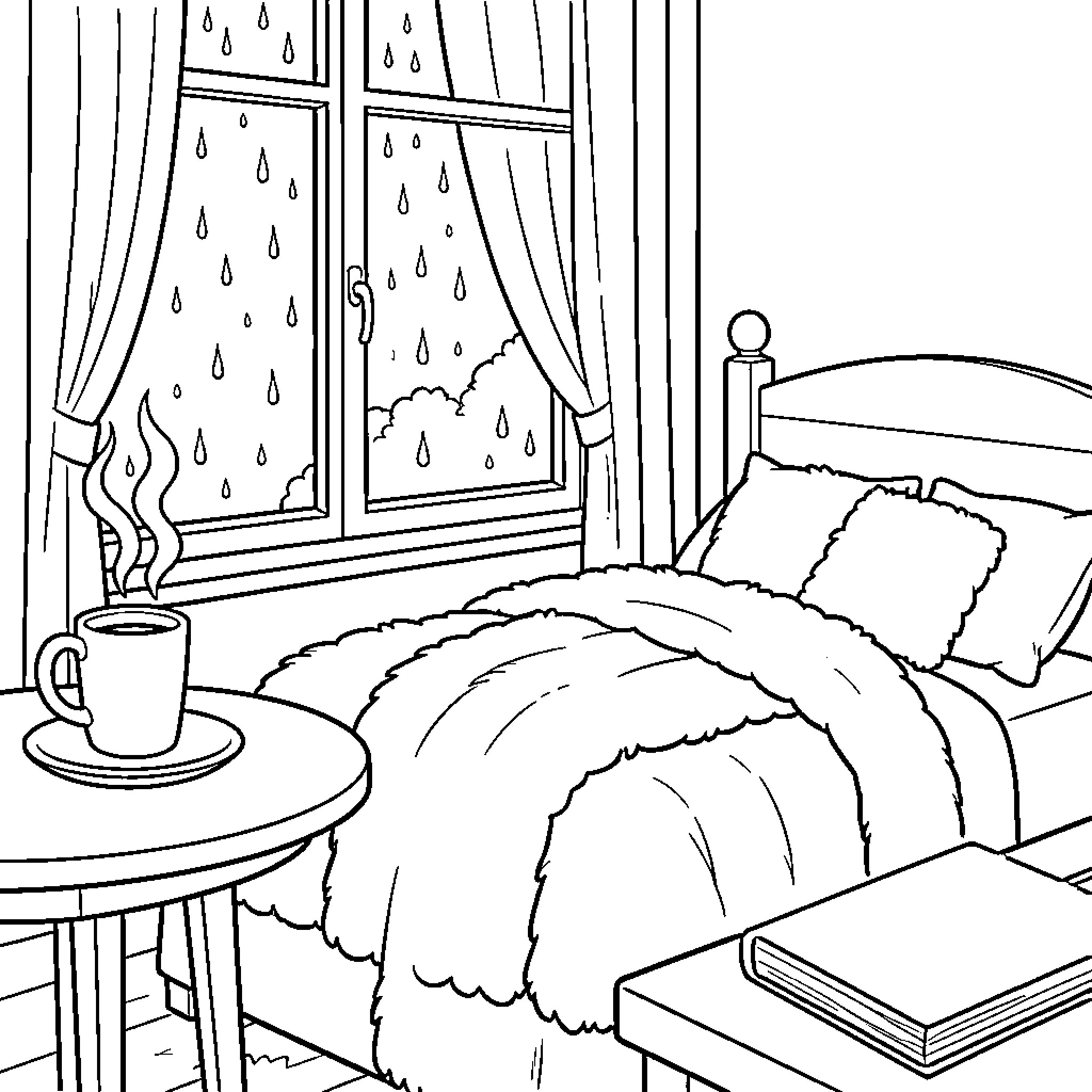 Bedroom on a Rainy Day Coloring Page (free black-and-white line drawing printable PDF for all, from beginners to advanced learners, including children, teens, adults, and seniors)