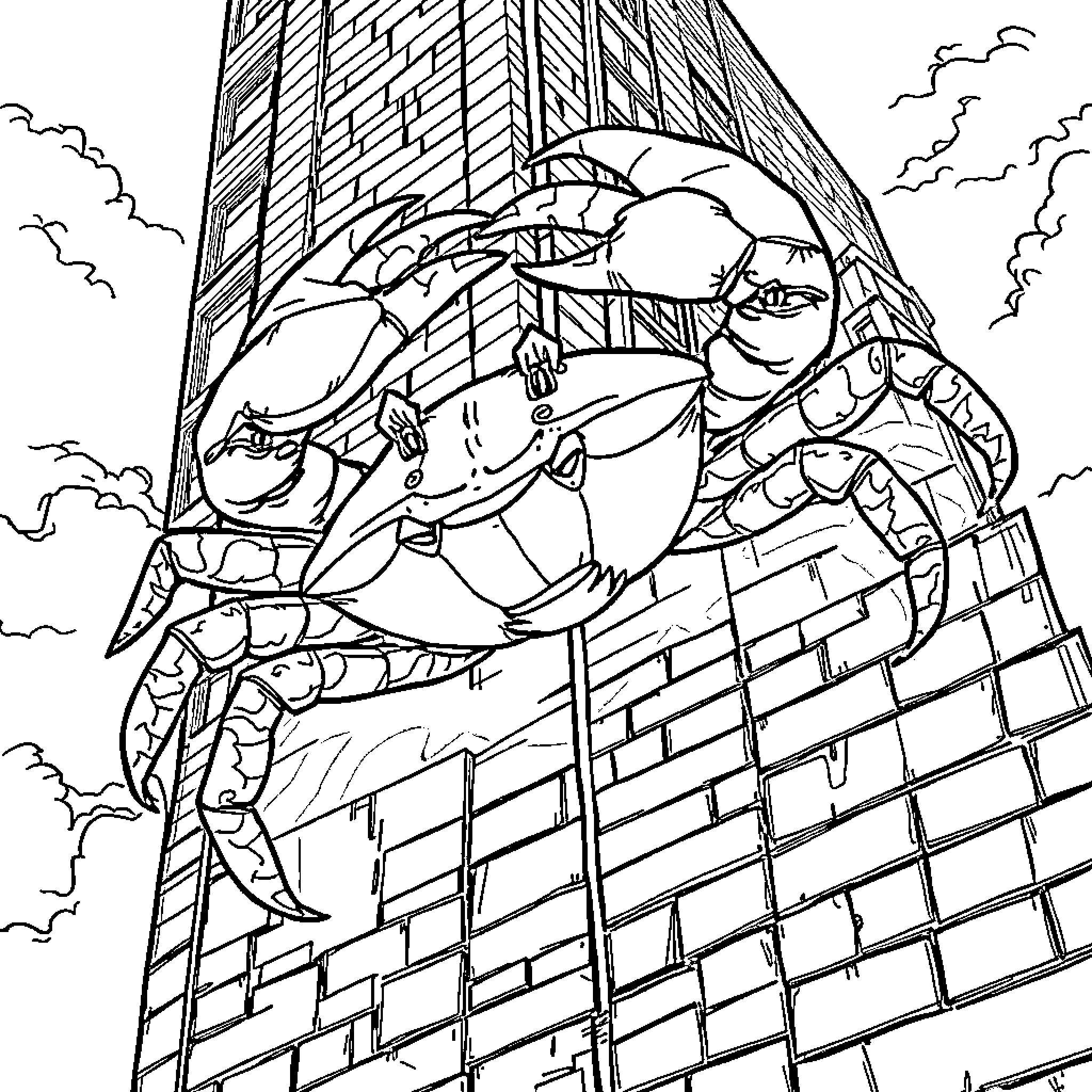 Crab climbing up the skyscraper Coloring Page (free black-and-white line drawing printable PDF for all, from beginners to advanced learners, including children, teens, adults, and seniors)