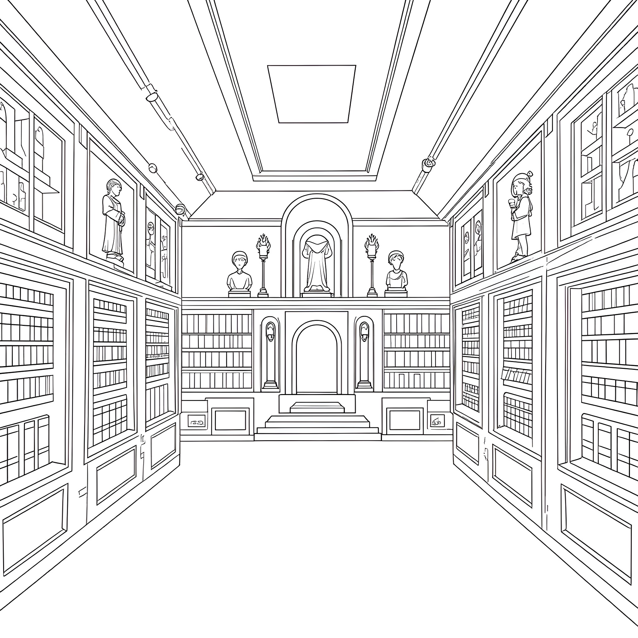 House with Detailed Library Interior Coloring Page (free black-and-white line drawing printable PDF for all, from beginners to advanced learners, including children, teens, adults, and seniors)