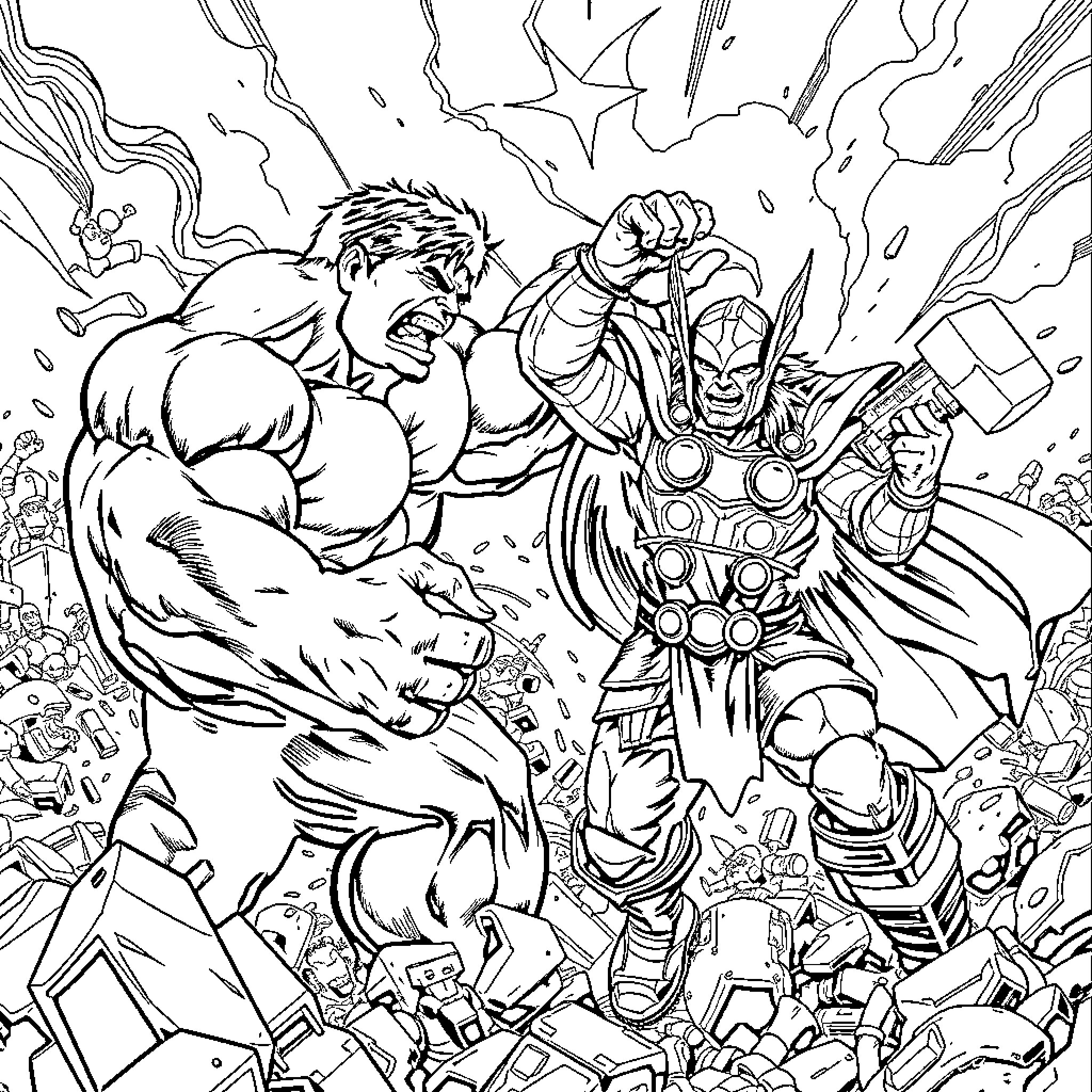 Hulk Battling Mighty Thor in Heroic Clash Coloring Page (free black-and-white line drawing printable PDF for all, from beginners to advanced learners, including children, teens, adults, and seniors)