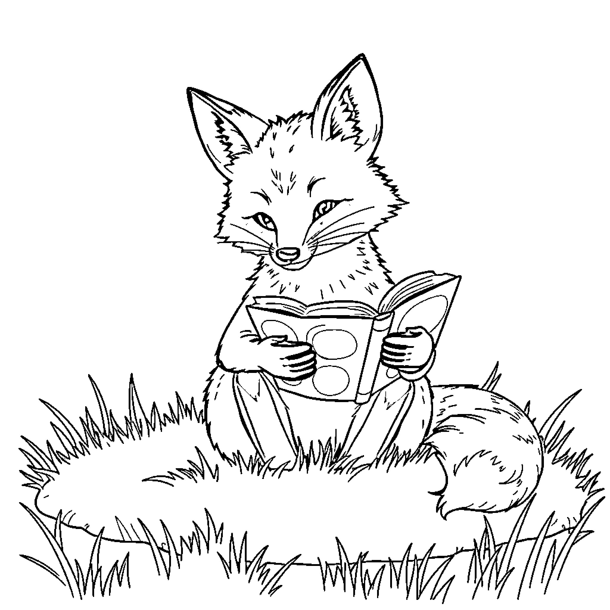 Fox reading a book in the grass Coloring Page (free black-and-white line drawing printable PDF for all, from beginners to advanced learners, including children, teens, adults, and seniors)