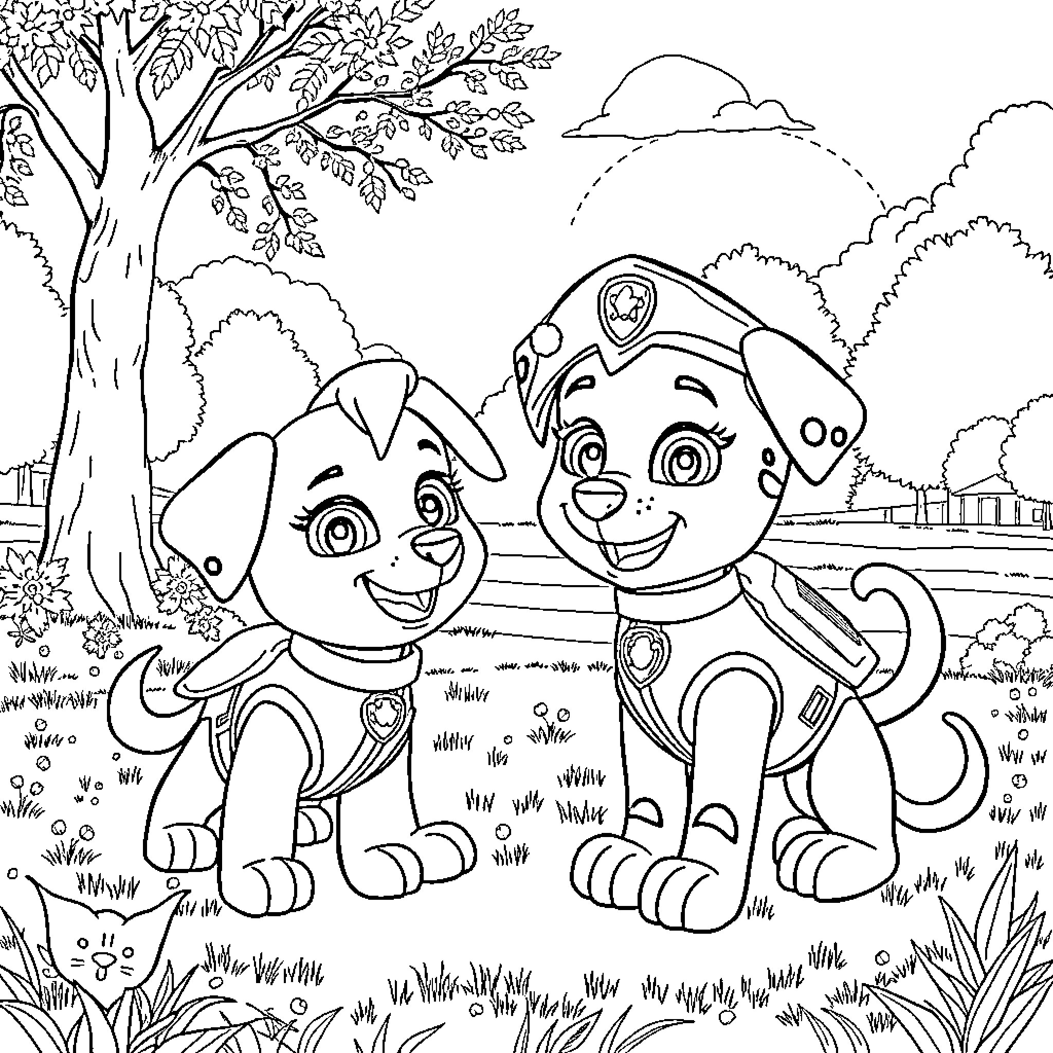Paw Patrol characters in an outdoor scene Coloring Page (free black-and-white line drawing printable PDF for all, from beginners to advanced learners, including children, teens, adults, and seniors)