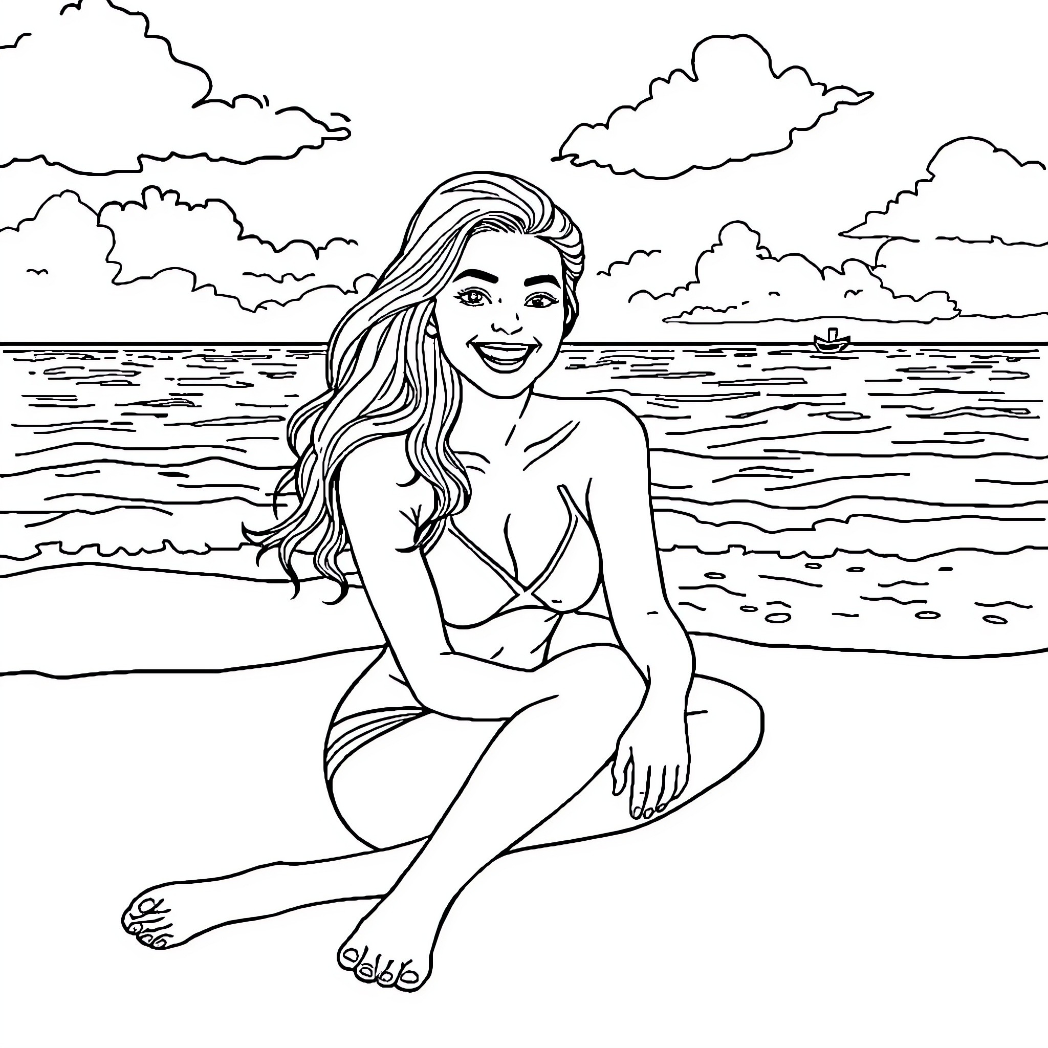 Girlfriend relaxing by the beach in swimwear Coloring Page (free black-and-white line drawing printable PDF for all, from beginners to advanced learners, including children, teens, adults, and seniors)