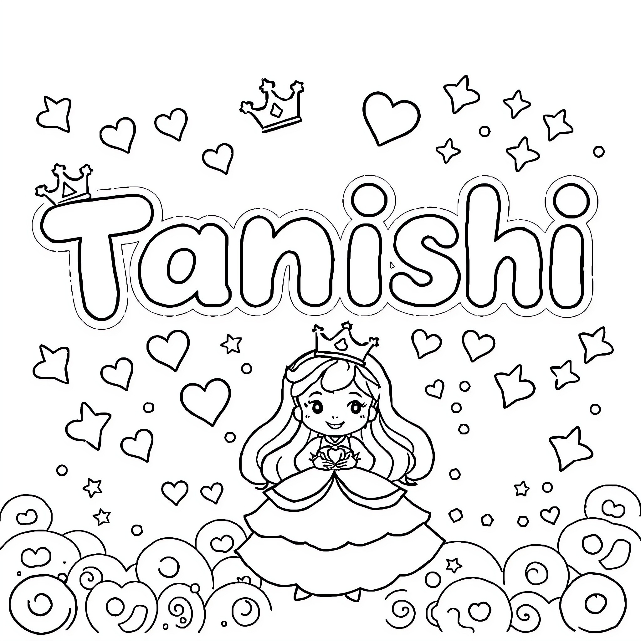 Tanishi, a princess in a whimsical scene Coloring Page (free black-and-white line drawing printable PDF for all, from beginners to advanced learners, including children, teens, adults, and seniors)