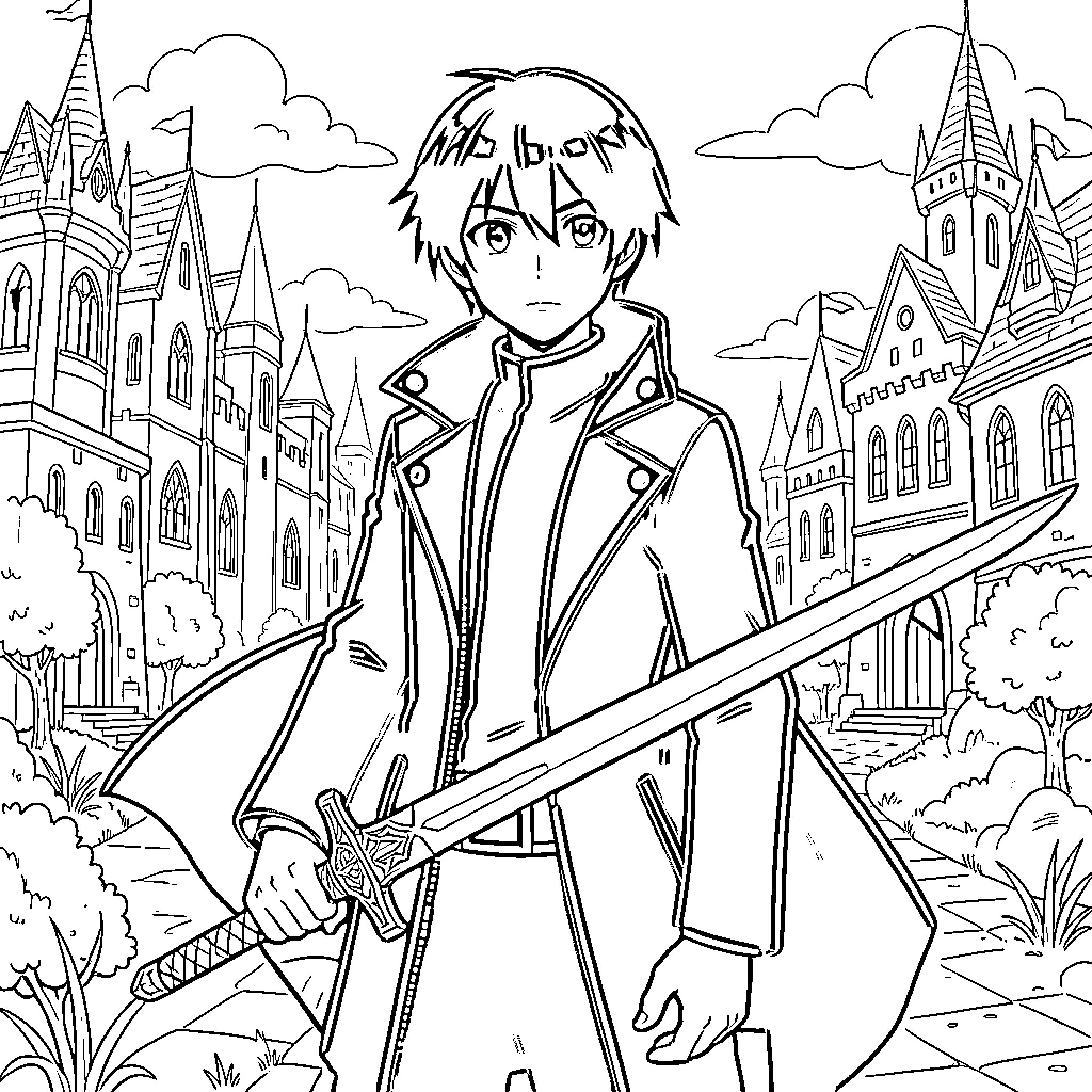 Kirito's Heroic Stance in the Fantastical Landscape Coloring Page (free black-and-white line drawing printable PDF for all, from beginners to advanced learners, including children, teens, adults, and seniors)