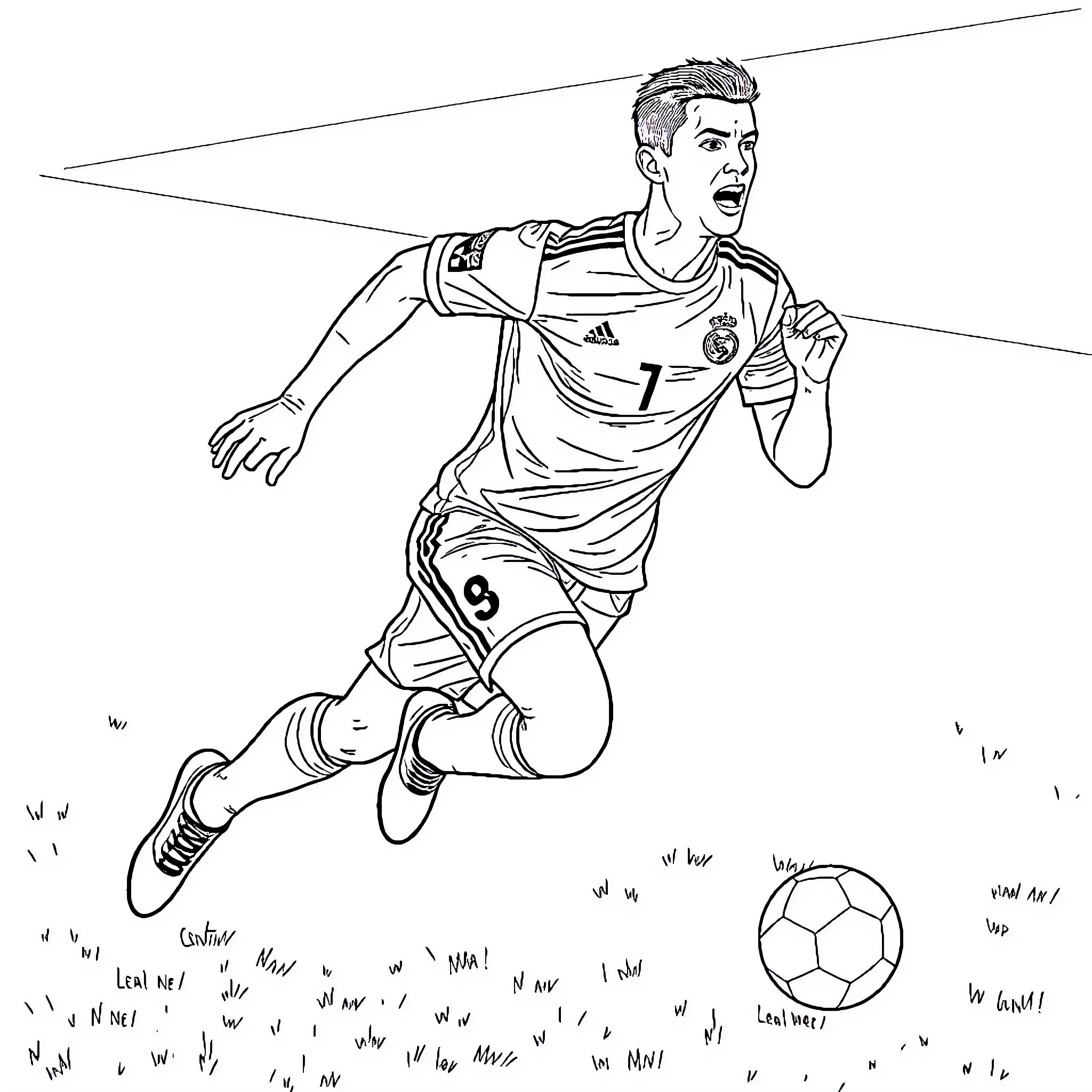 Cristiano Ronaldo in action on the soccer field Coloring Page (free black-and-white line drawing printable PDF for all, from beginners to advanced learners, including children, teens, adults, and seniors)