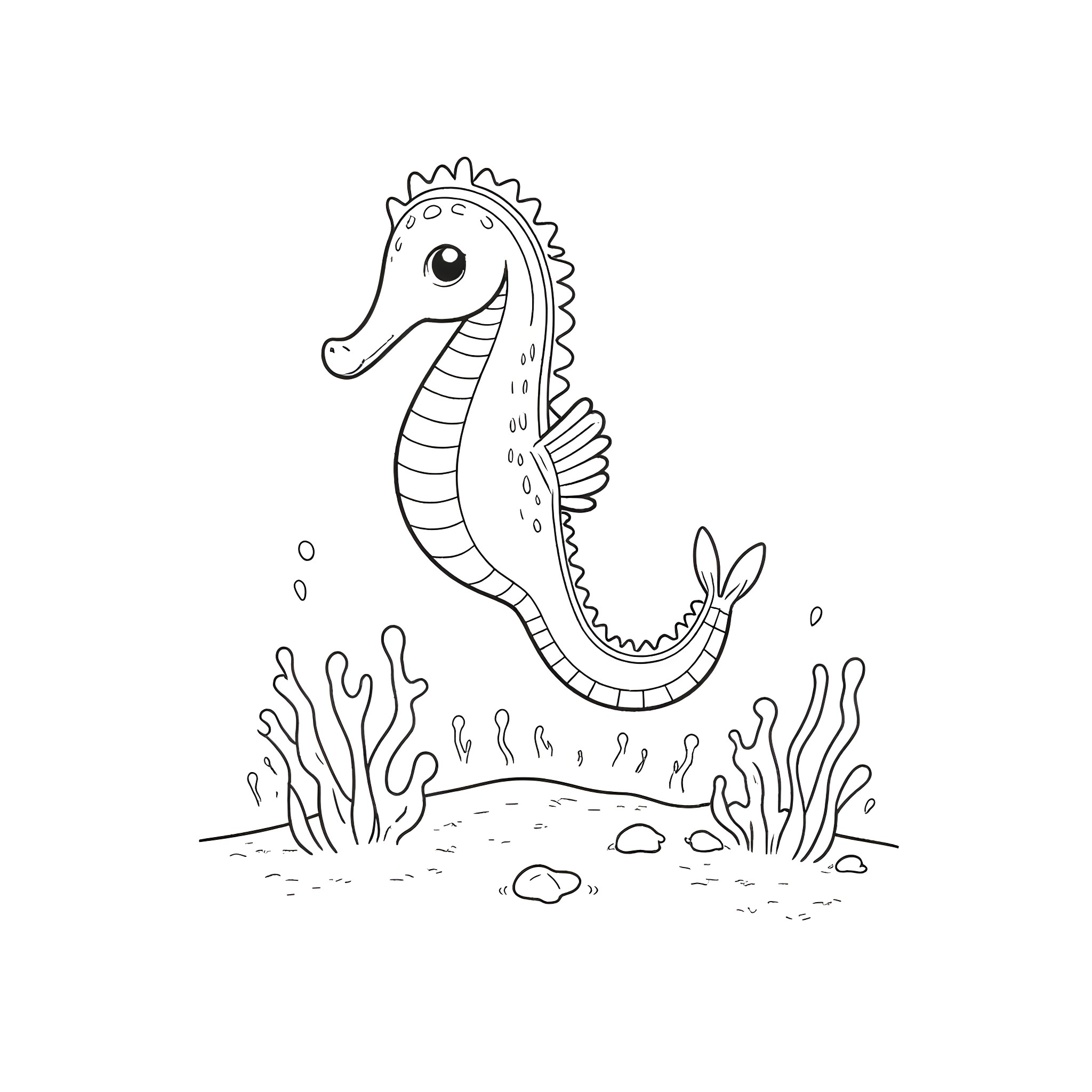 Seahorse swimming through the ocean Coloring Page (free black-and-white line drawing printable PDF for all, from beginners to advanced learners, including children, teens, adults, and seniors)