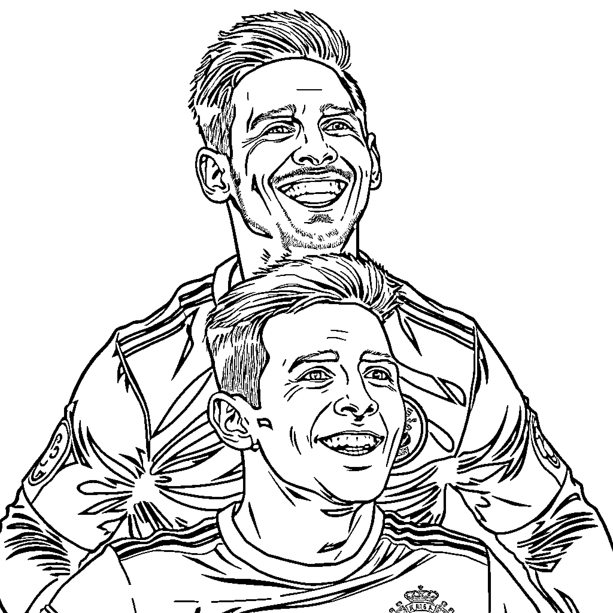 Messi sharing joyful moment with teammate Coloring Page (free black-and-white line drawing printable PDF for all, from beginners to advanced learners, including children, teens, adults, and seniors)