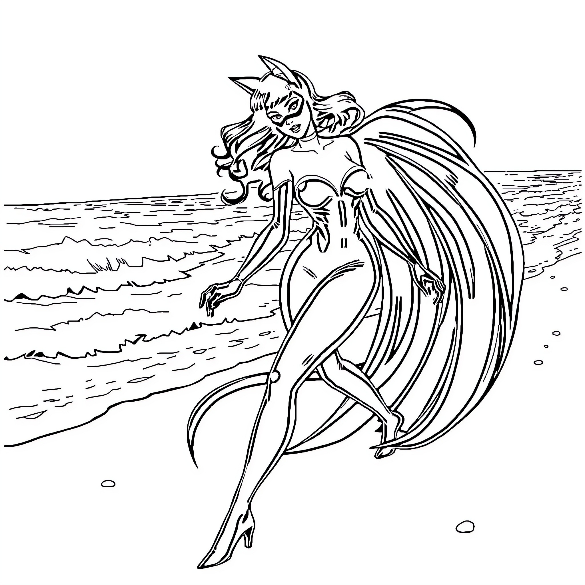 Cat Woman Leaping Gracefully Across the Seascape Coloring Page (free black-and-white line drawing printable PDF for all, from beginners to advanced learners, including children, teens, adults, and seniors)