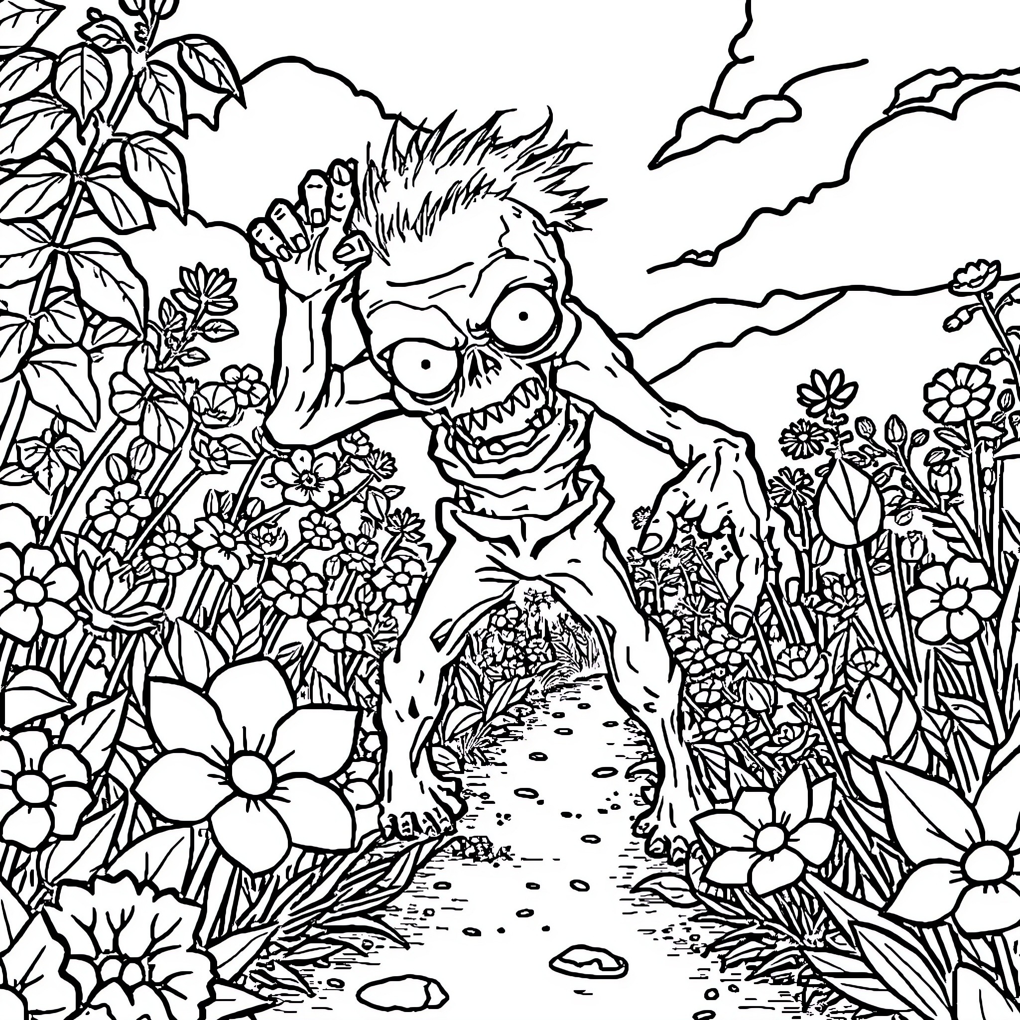 Zombie creature in a lush floral garden Coloring Page (free black-and-white line drawing printable PDF for all, from beginners to advanced learners, including children, teens, adults, and seniors)