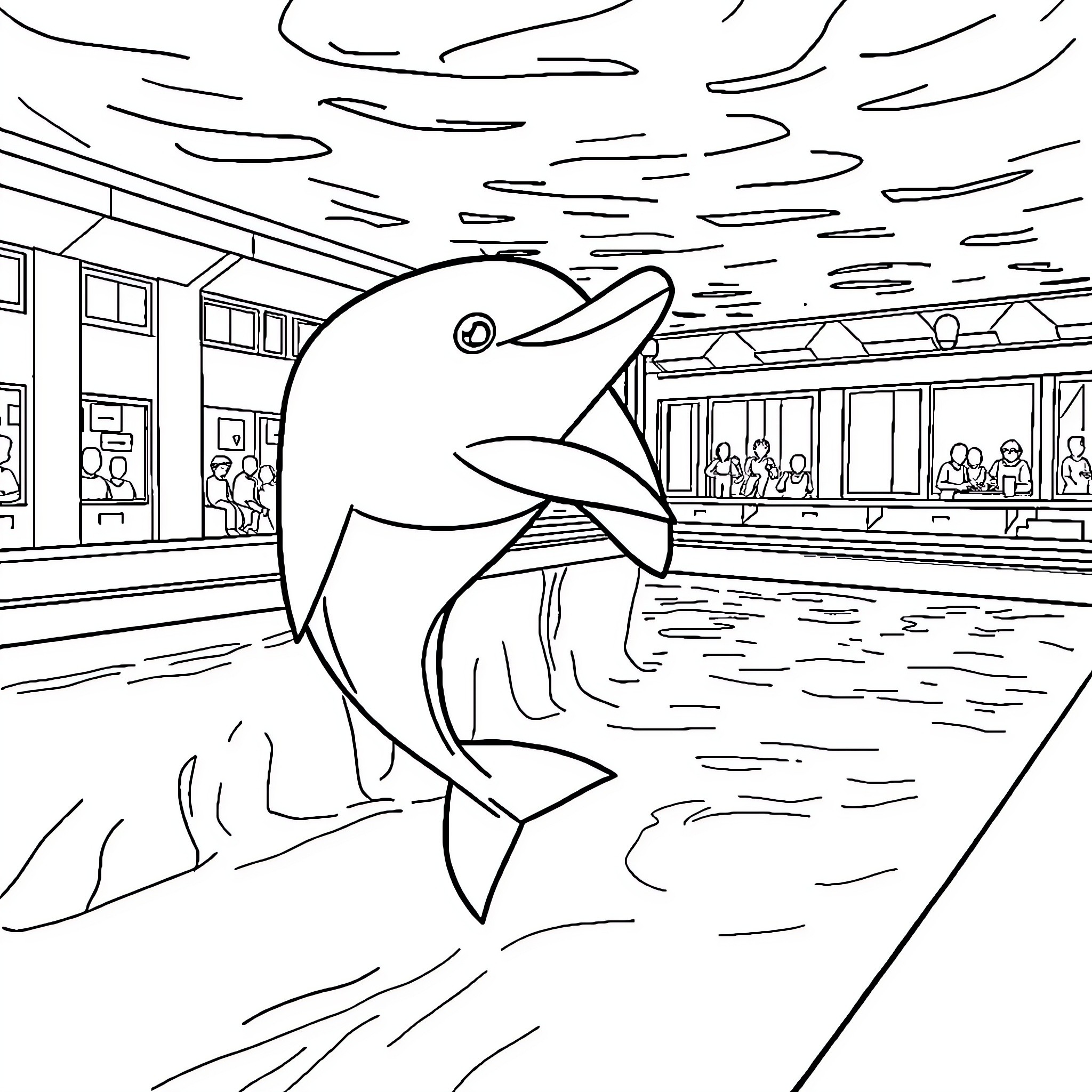 Dolphin leaping in an aquarium exhibit Coloring Page (free black-and-white line drawing printable PDF for all, from beginners to advanced learners, including children, teens, adults, and seniors)