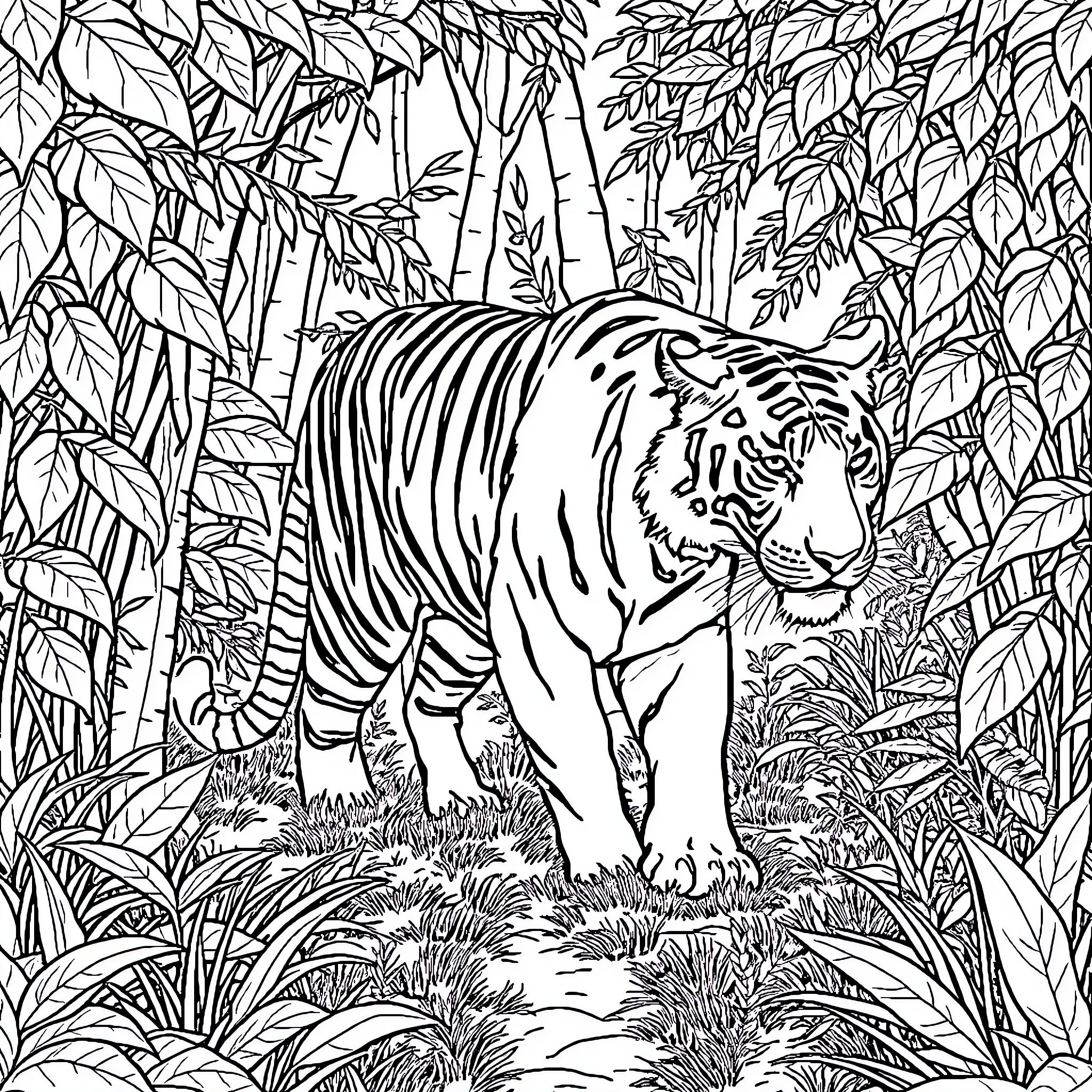 Tiger stalking through lush jungle foliage Coloring Page (free black-and-white line drawing printable PDF for all, from beginners to advanced learners, including children, teens, adults, and seniors)