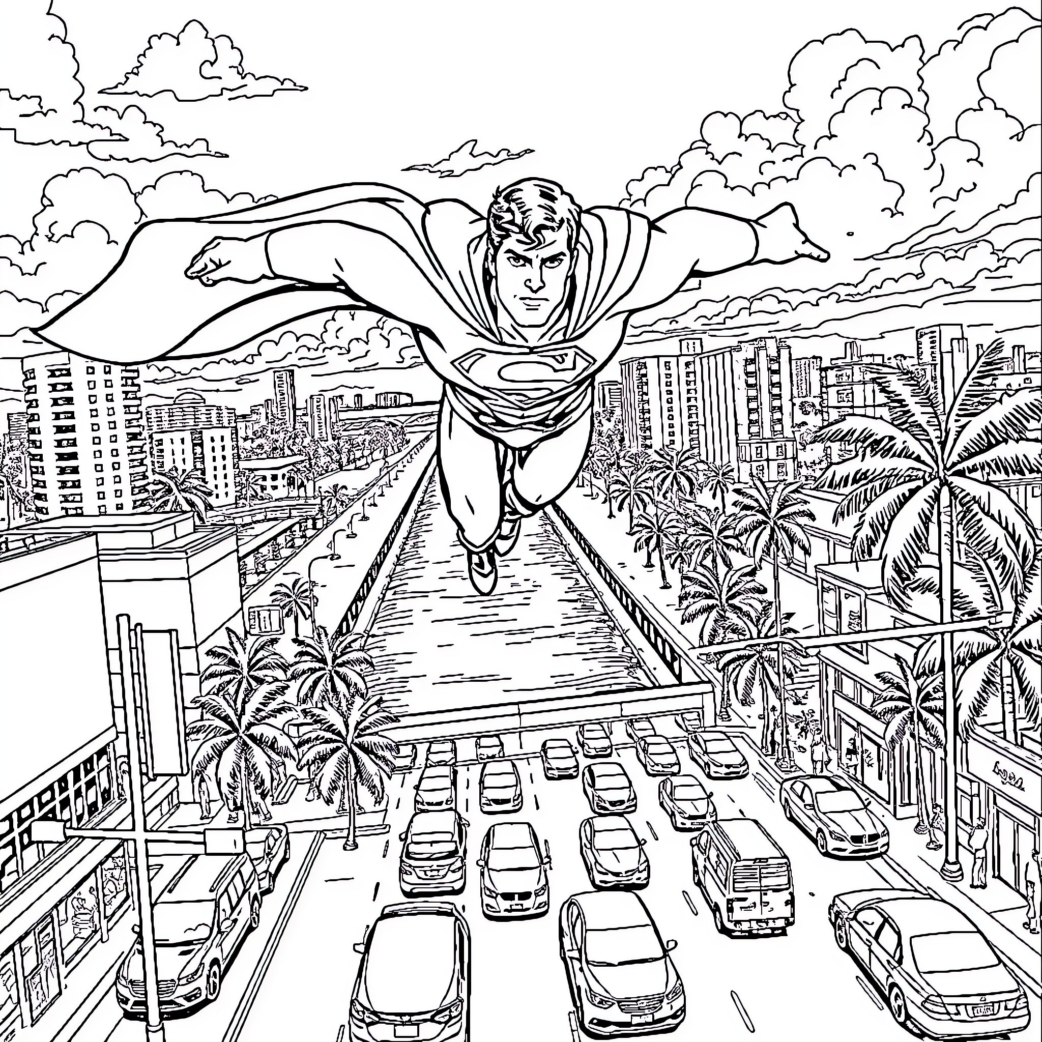 Superman soaring through the city skyline Coloring Page (free black-and-white line drawing printable PDF for all, from beginners to advanced learners, including children, teens, adults, and seniors)