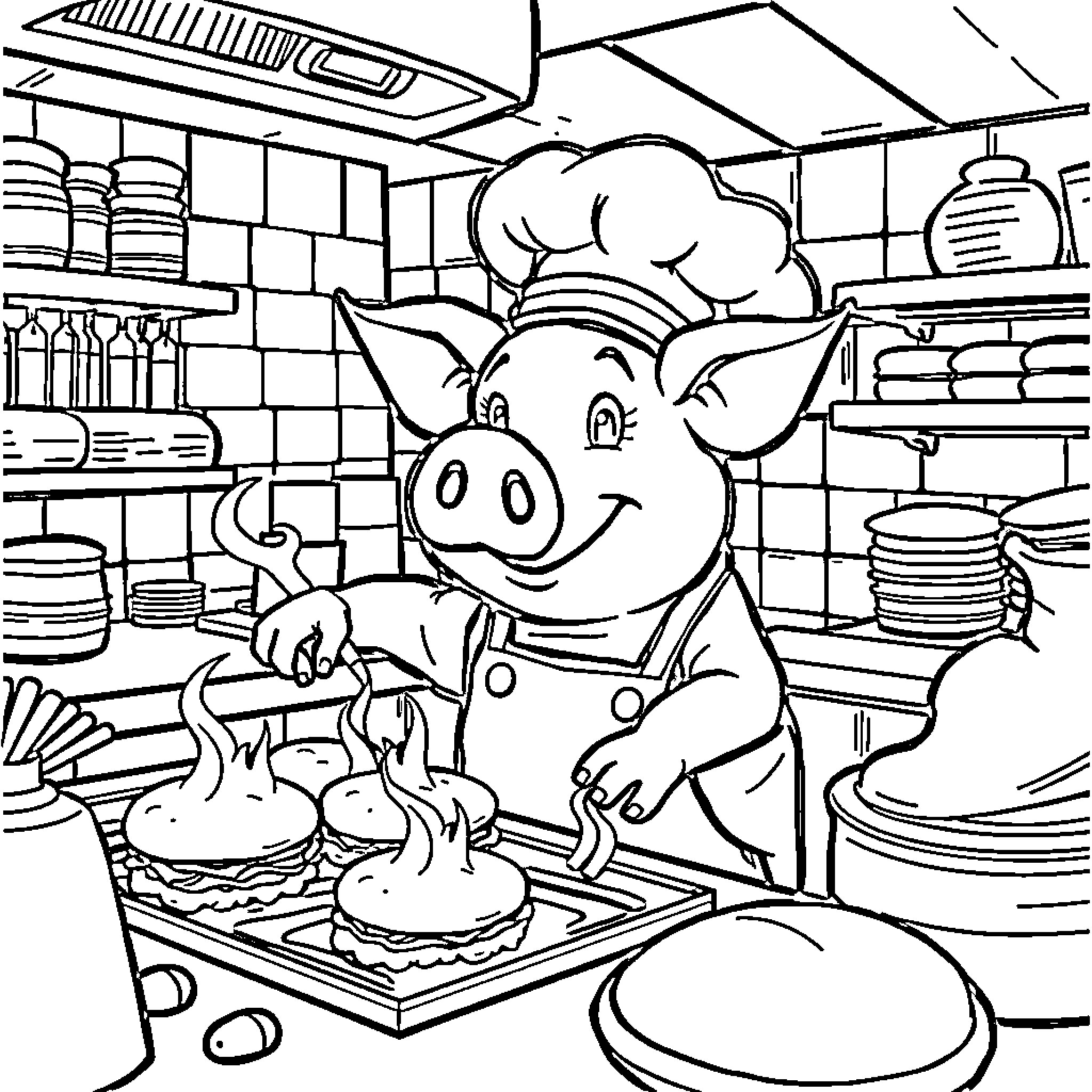 Pig cooking in a busy kitchen Coloring Page (free black-and-white line drawing printable PDF for all, from beginners to advanced learners, including children, teens, adults, and seniors)