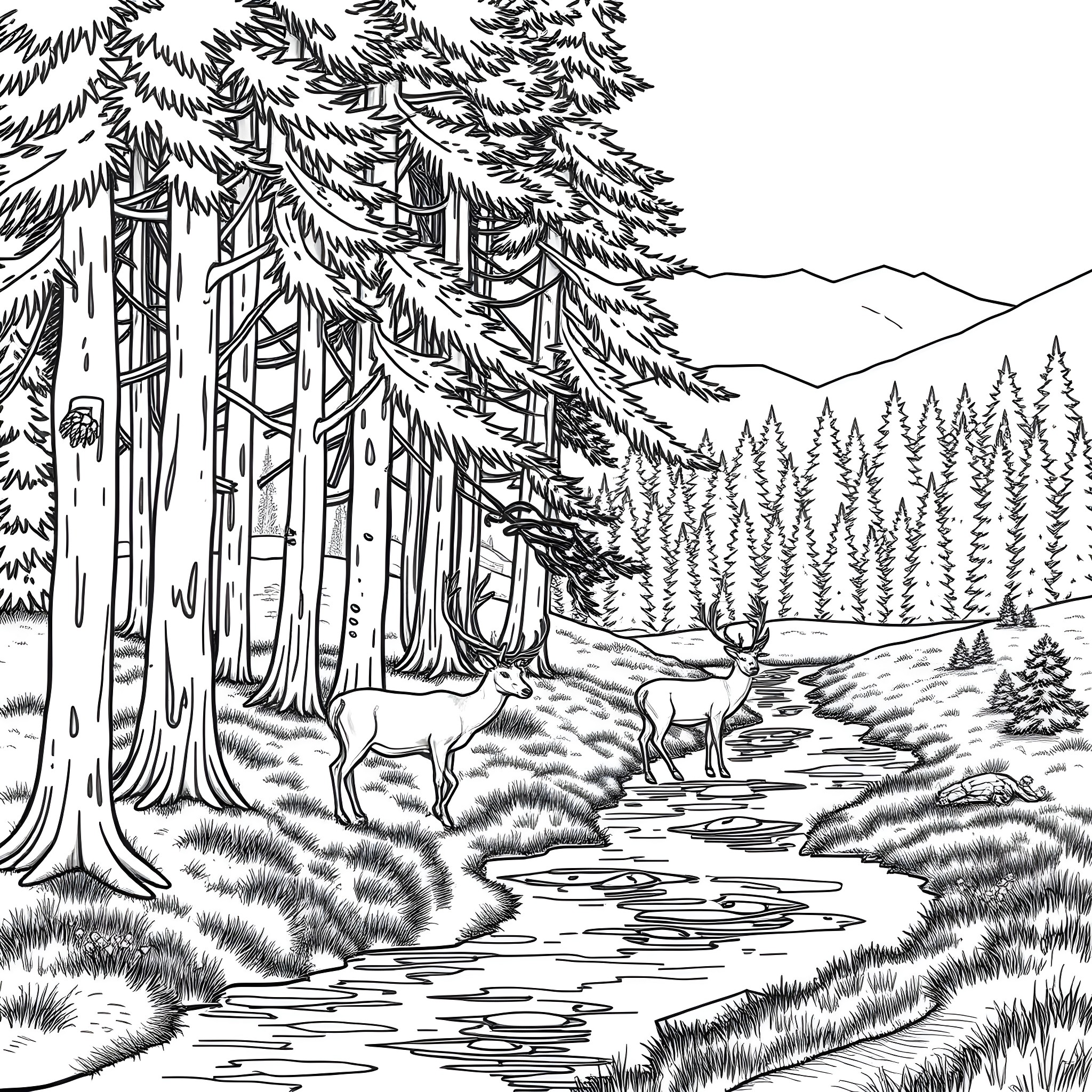 Stag in the serene forest landscape Coloring Page (free black-and-white line drawing printable PDF for all, from beginners to advanced learners, including children, teens, adults, and seniors)