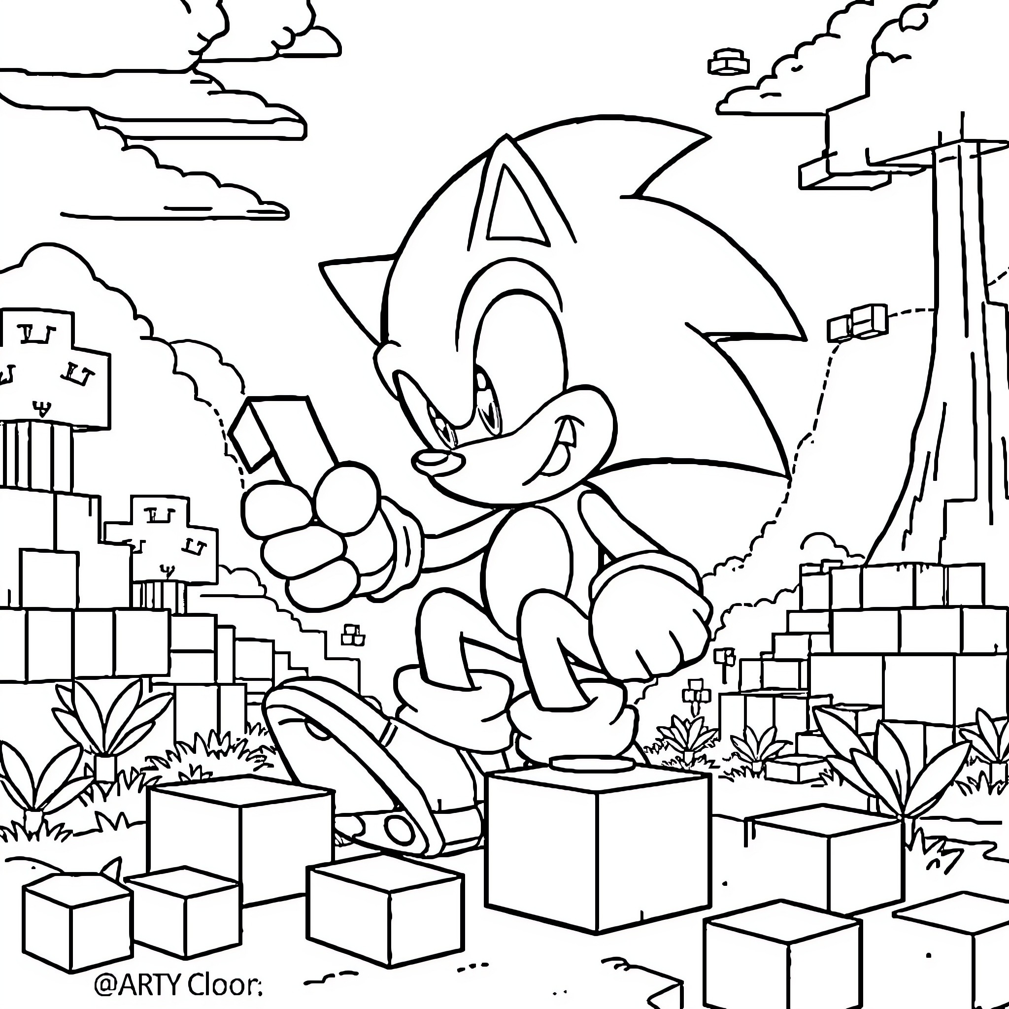 Sonic racing through a vibrant cityscape Coloring Page (free black-and-white line drawing printable PDF for all, from beginners to advanced learners, including children, teens, adults, and seniors)