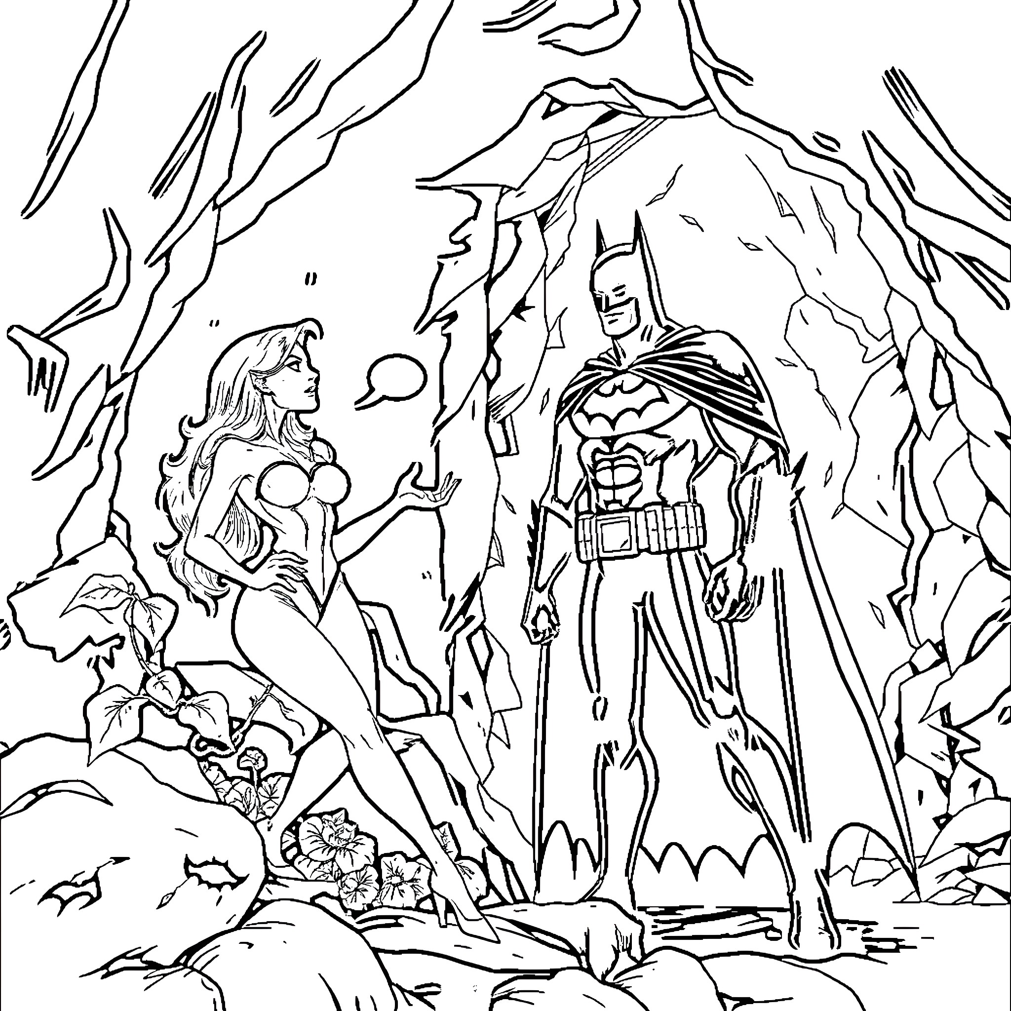 Poison Ivy and Batman encounter in the Gotham wilderness Coloring Page (free black-and-white line drawing printable PDF for all, from beginners to advanced learners, including children, teens, adults, and seniors)