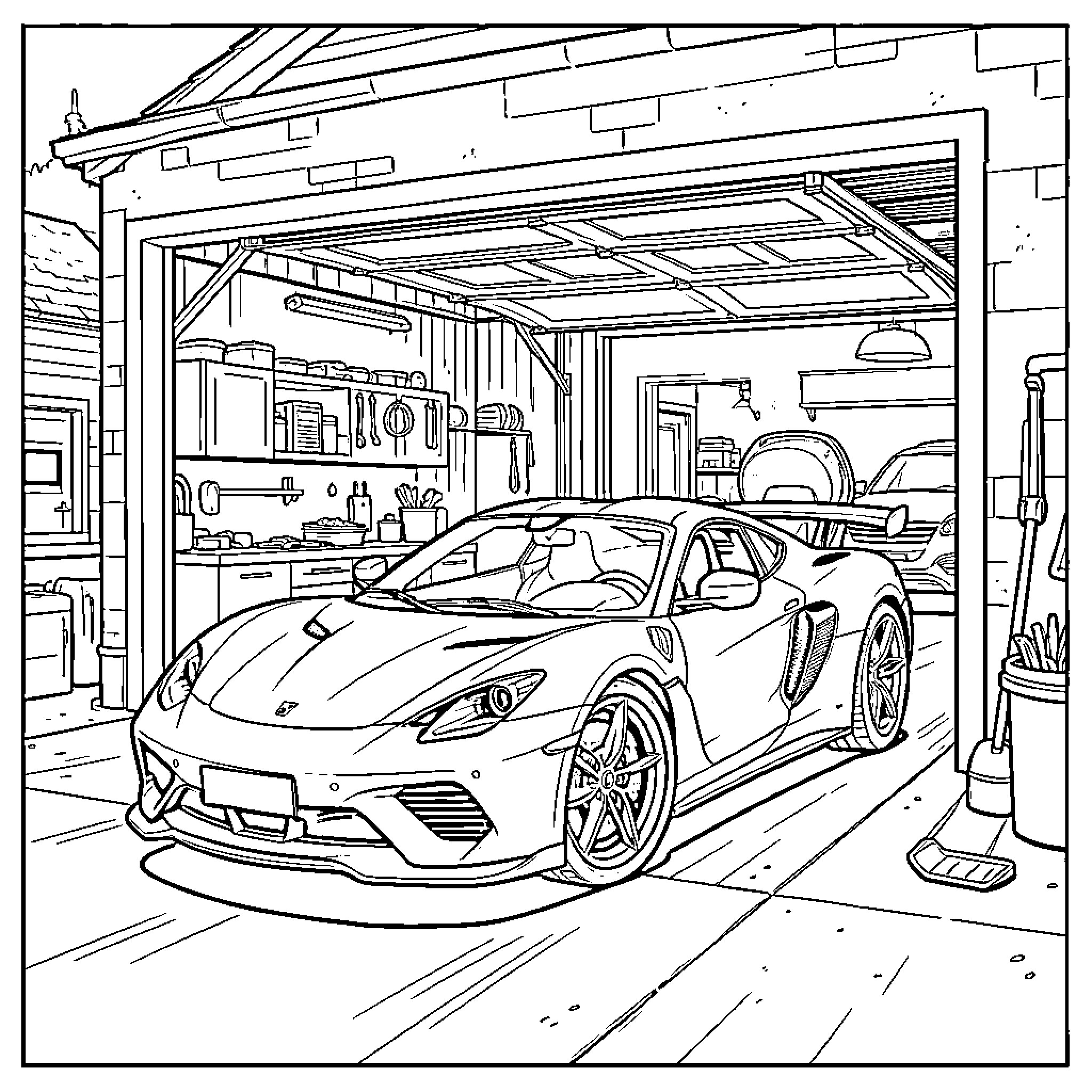 Car parked inside a well equipped garage Coloring Page (free black-and-white line drawing printable PDF for all, from beginners to advanced learners, including children, teens, adults, and seniors)