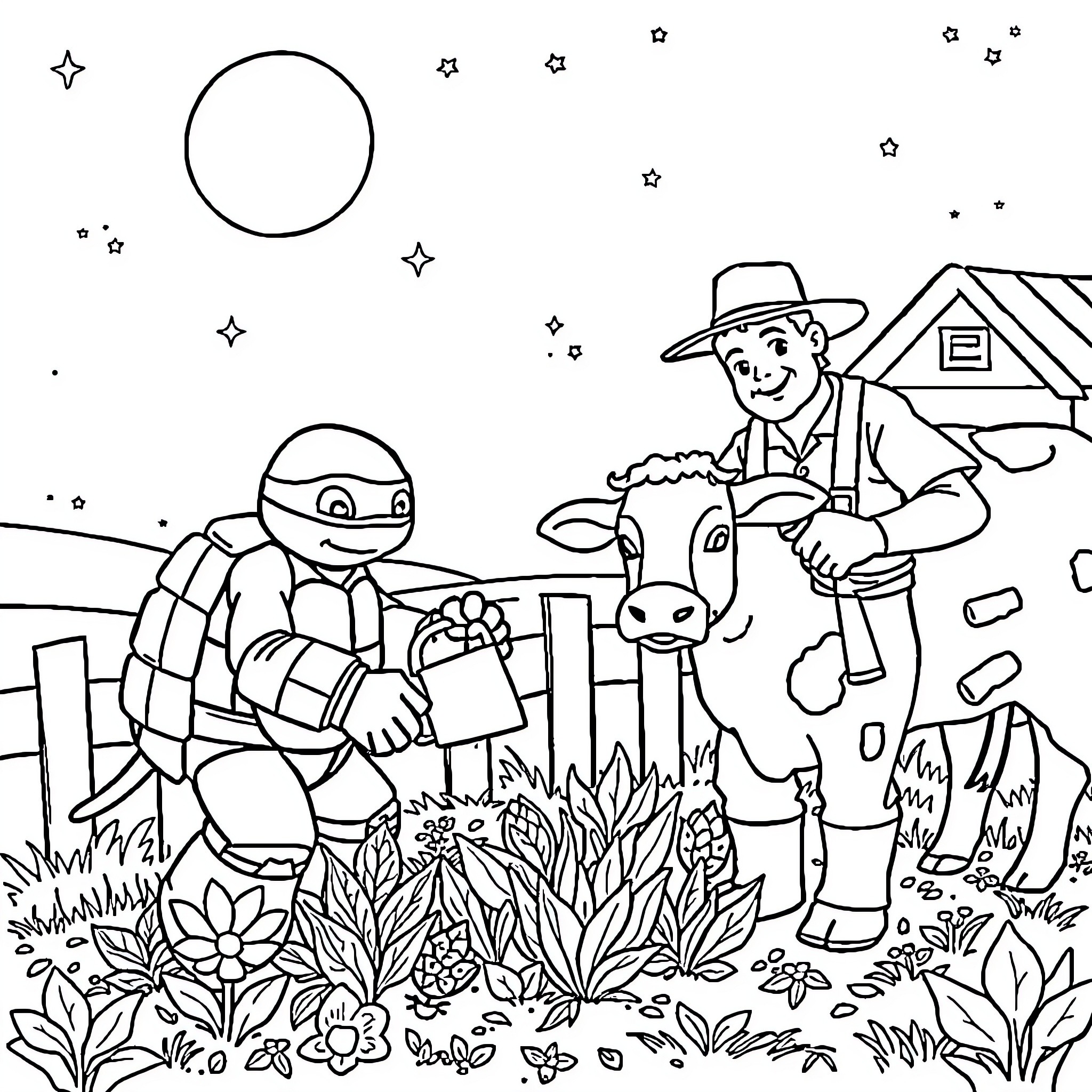 Ninja Turtle adventures with farmer and cow in the countryside Coloring Page (free black-and-white line drawing printable PDF for all, from beginners to advanced learners, including children, teens, adults, and seniors)