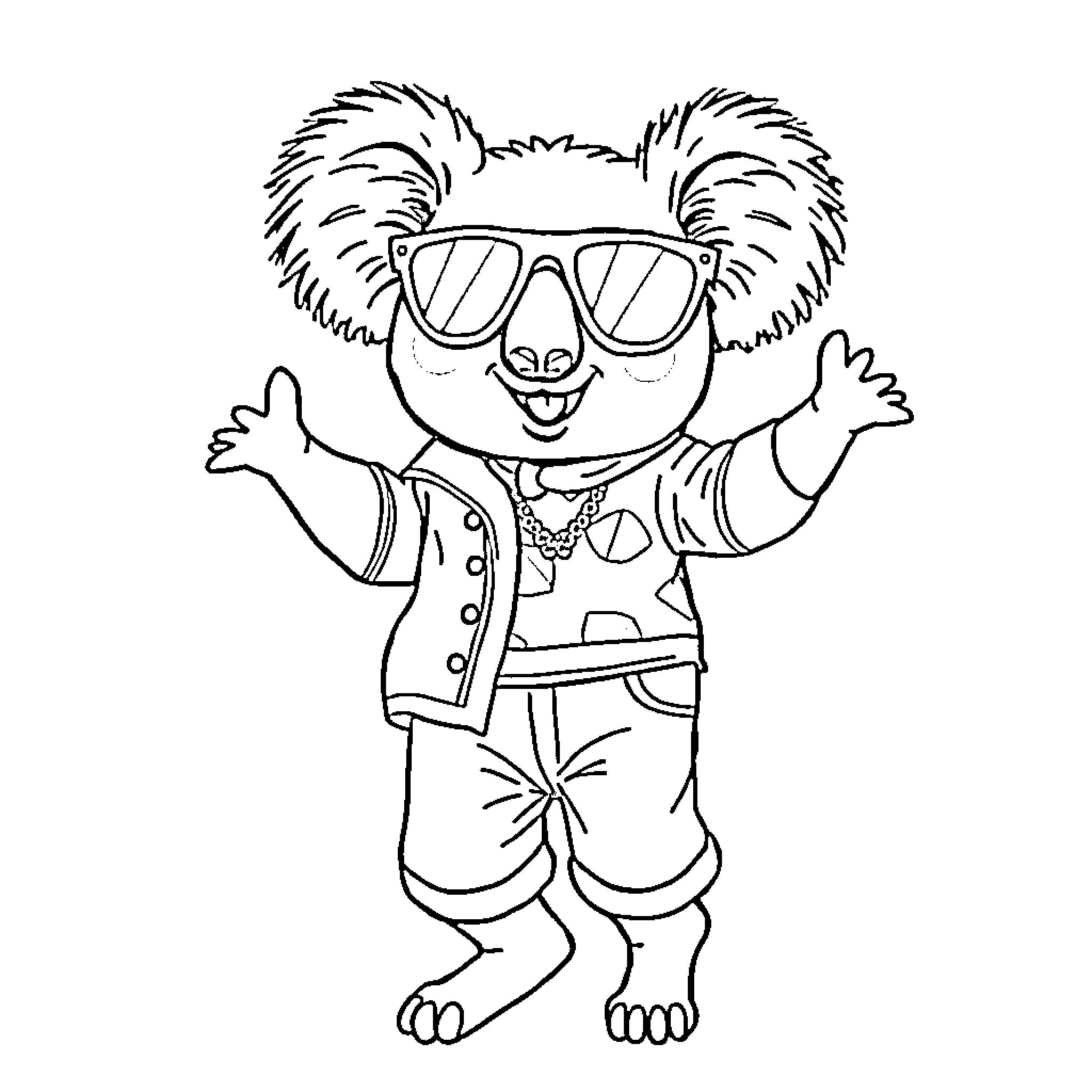 Koala wearing stylish outfit and sunglasses Coloring Page (free black-and-white line drawing printable PDF for all, from beginners to advanced learners, including children, teens, adults, and seniors)