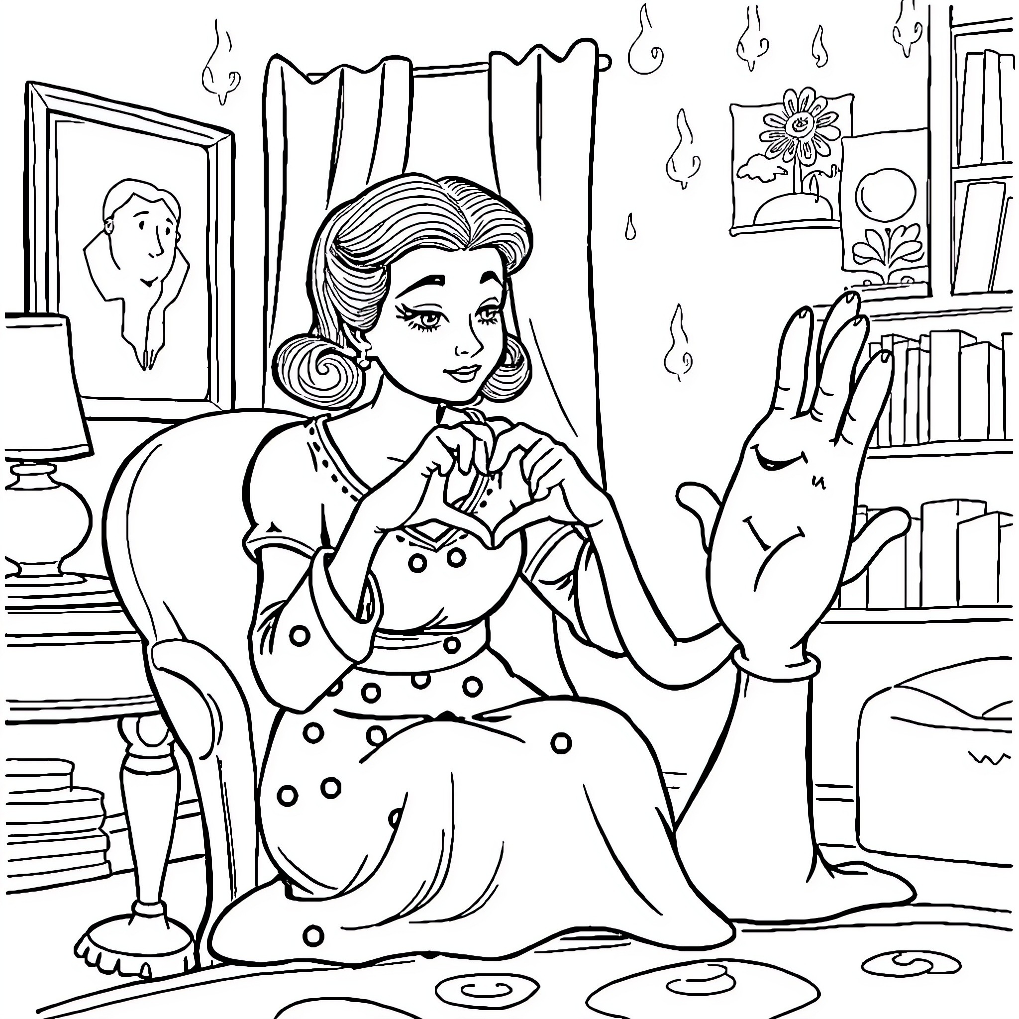 Mercredi: Woman reading by the window Coloring Page (free black-and-white line drawing printable PDF for all, from beginners to advanced learners, including children, teens, adults, and seniors)