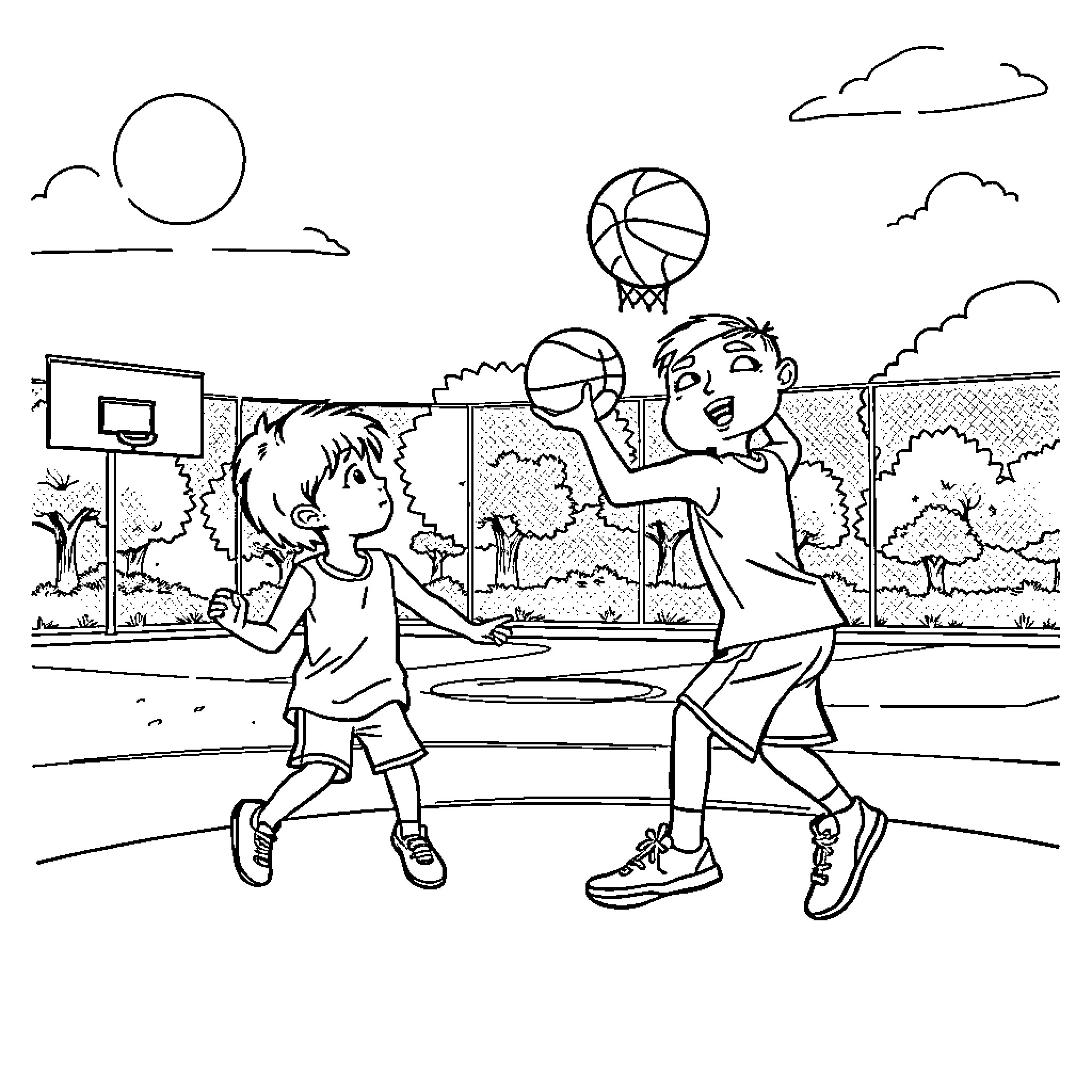 Basketball players competing outdoors on a court Coloring Page (free black-and-white line drawing printable PDF for all, from beginners to advanced learners, including children, teens, adults, and seniors)